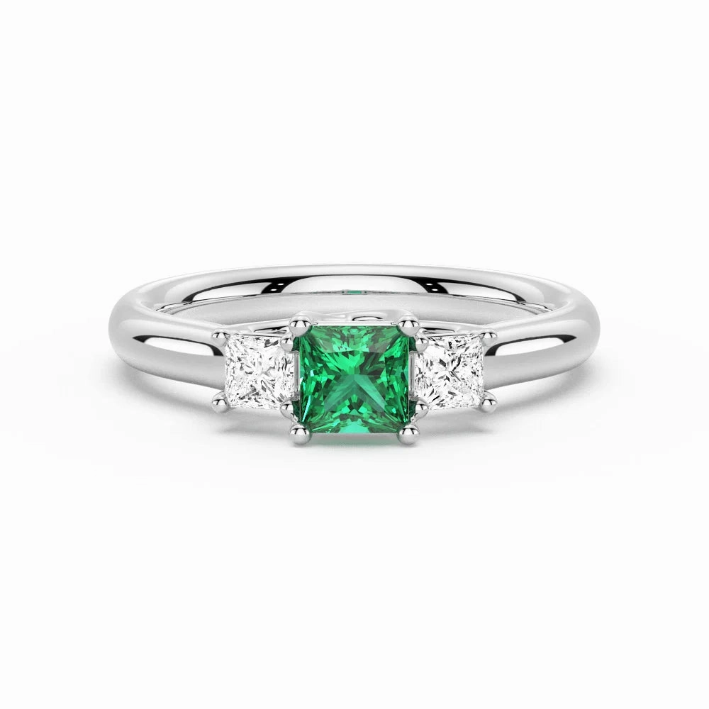 Muted Details Lab Grown Emerald and Princess Cut Diamond Three Stone Ring