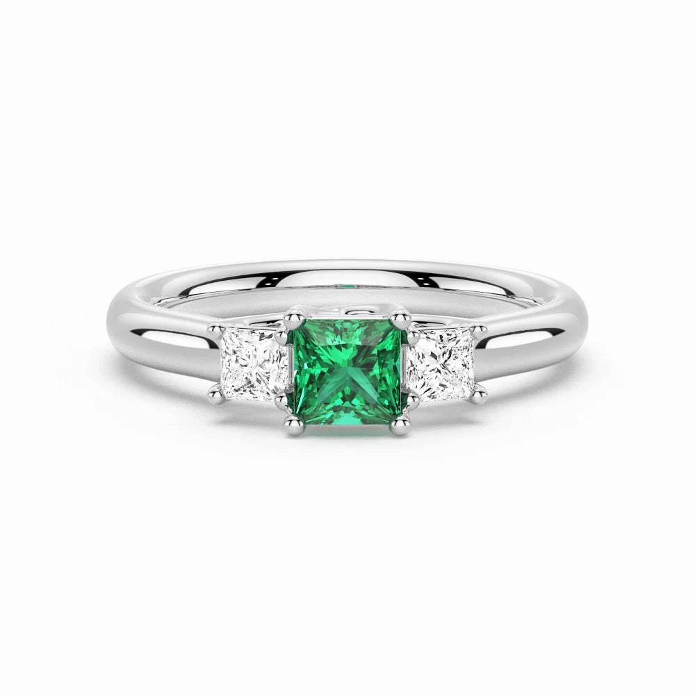 Lab Grown Emerald and Princess Cut Diamond Three Stone Ring Dazzling Touch Light Pop