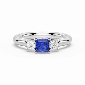 Shiny Gem Lab Grown Sapphire and Princess Cut Diamond Three Stone Ring