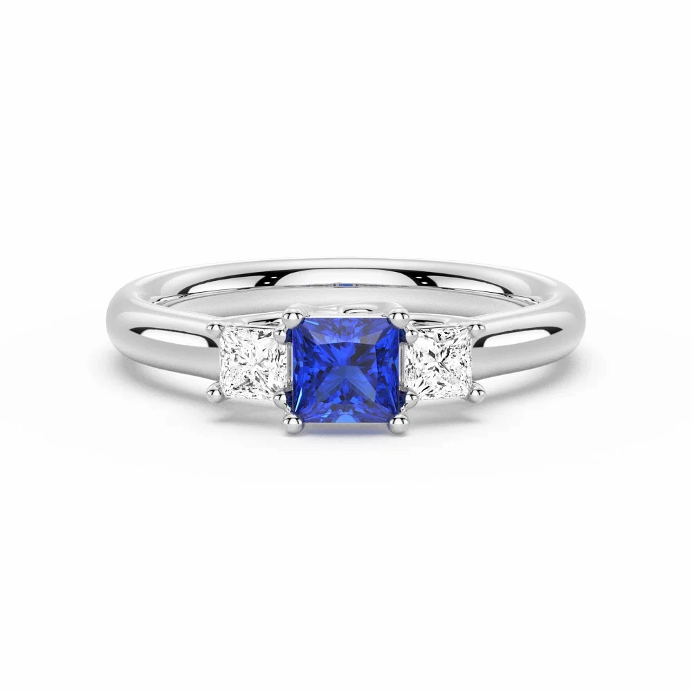 Lab Grown Sapphire and Princess Cut Diamond Three Stone Ring Sophisticated Design