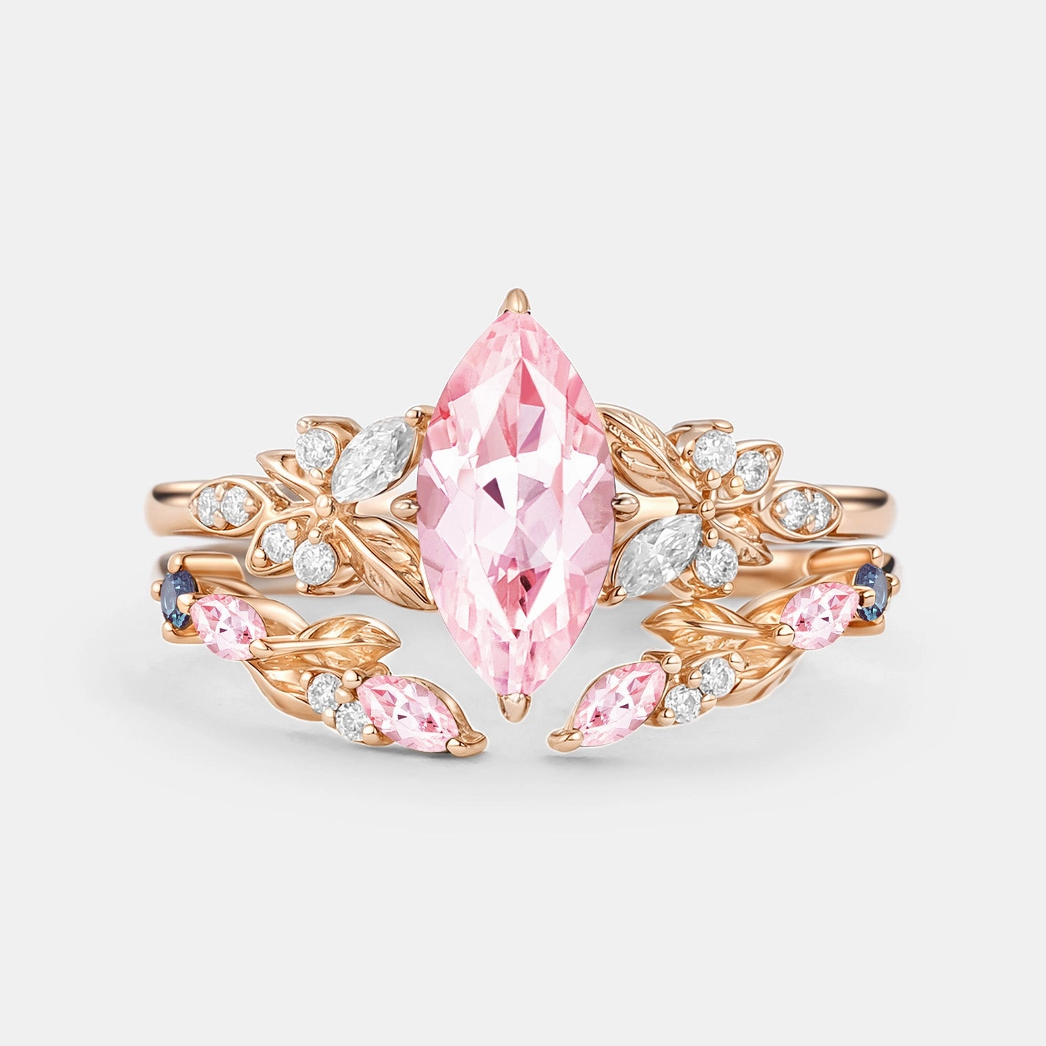 Lab Pink Sapphire Marquise Leafy Engagement Ring Sets 2pcs - Ines Refined Beauty Superior Piece
