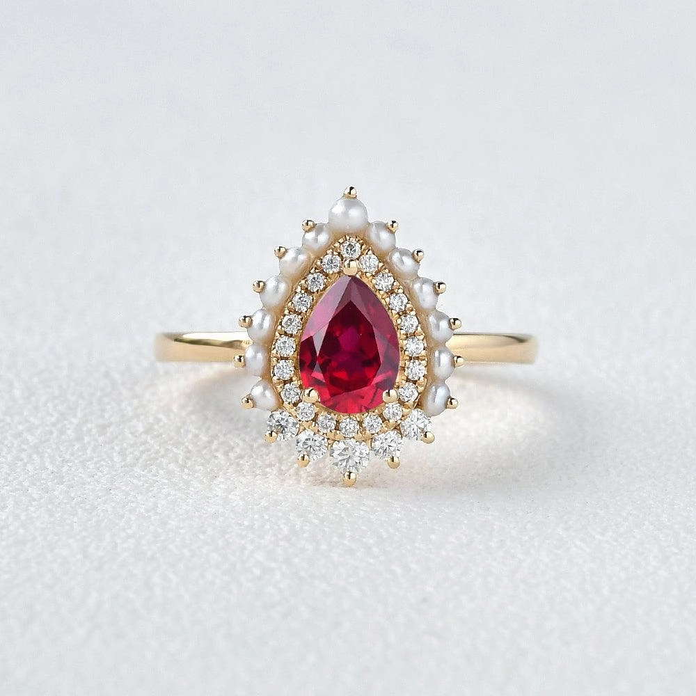 Lab Ruby & Pearls Vintage Inspired Halo Yellow Gold Ring Artistic Design