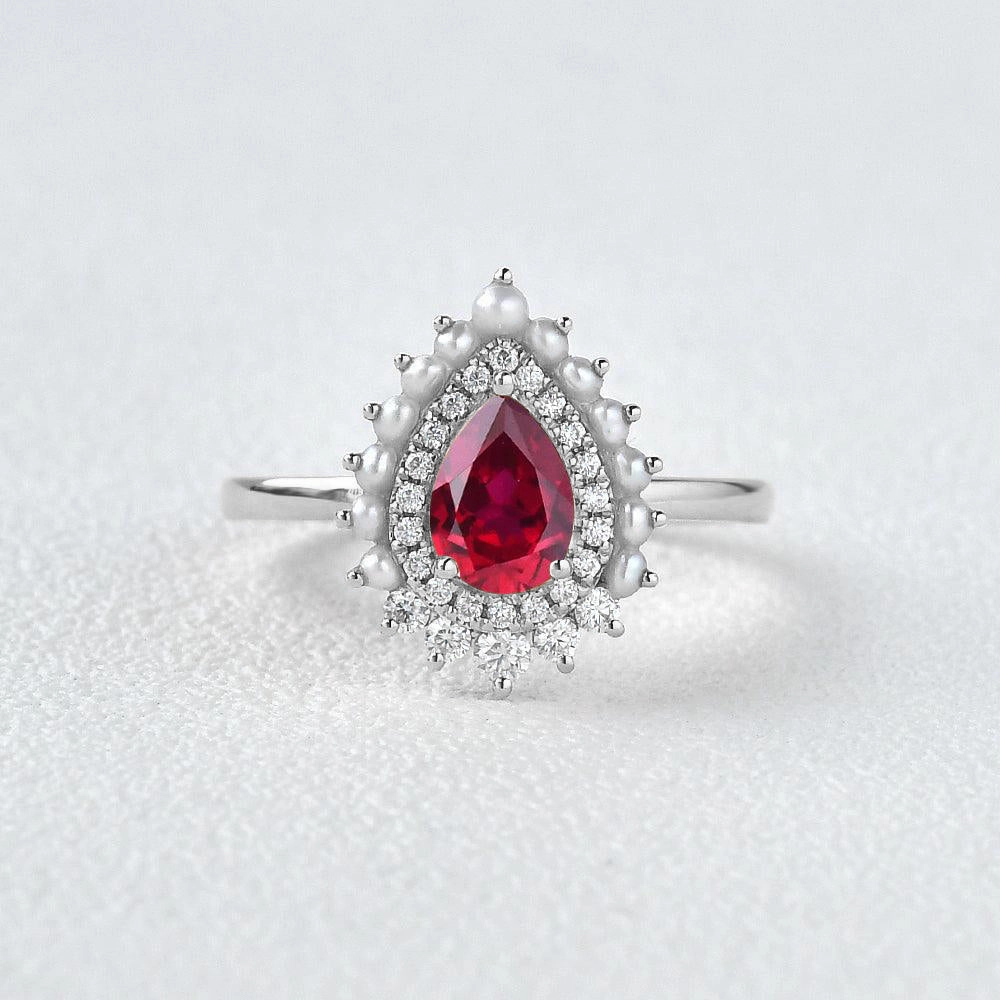 Eternal Embellishment Classic Creation Lab Ruby & Pearls Vintage Inspired Halo Yellow Gold Ring