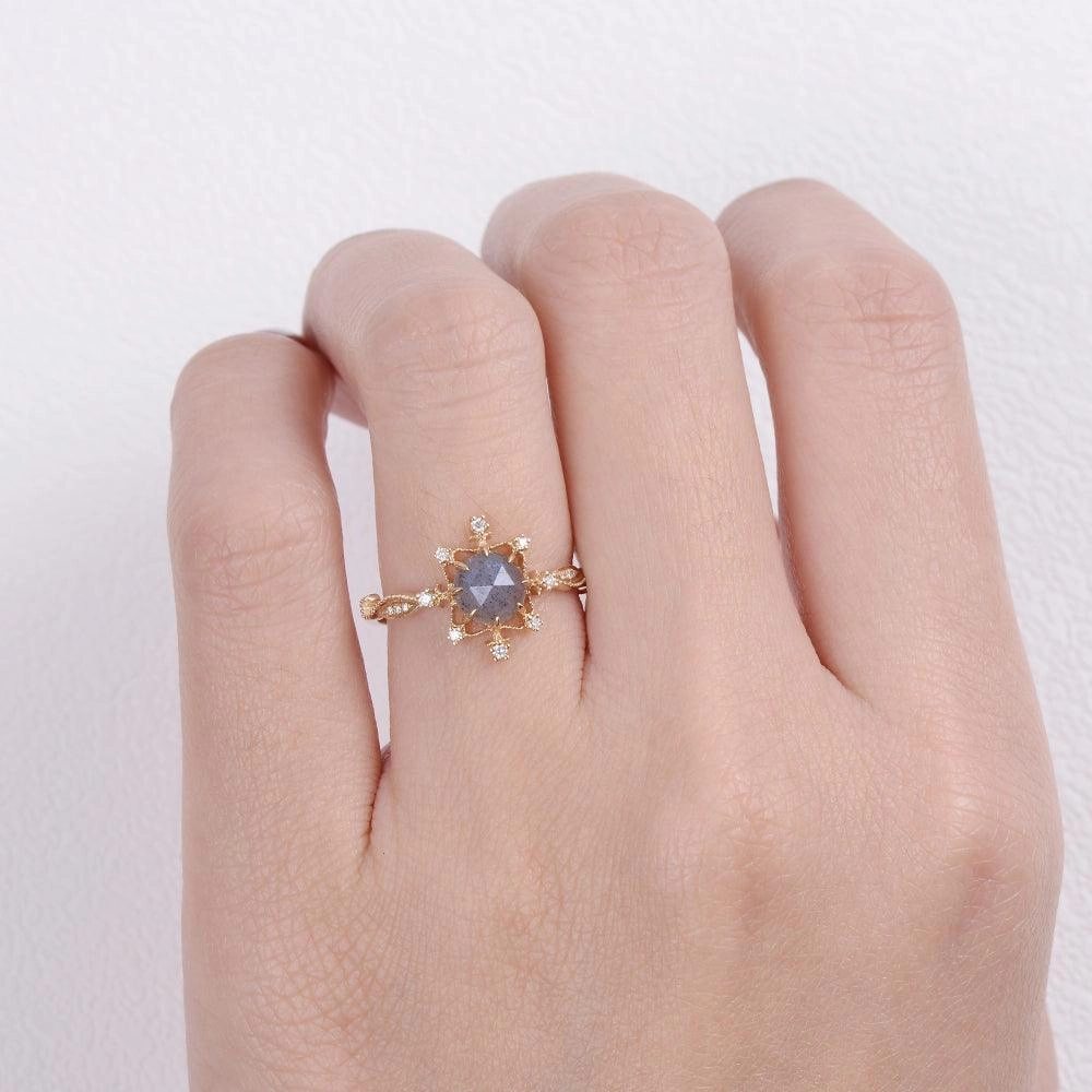 Labrodorite & Moissanite Yellow Gold Stacking Ring Branded Decoration