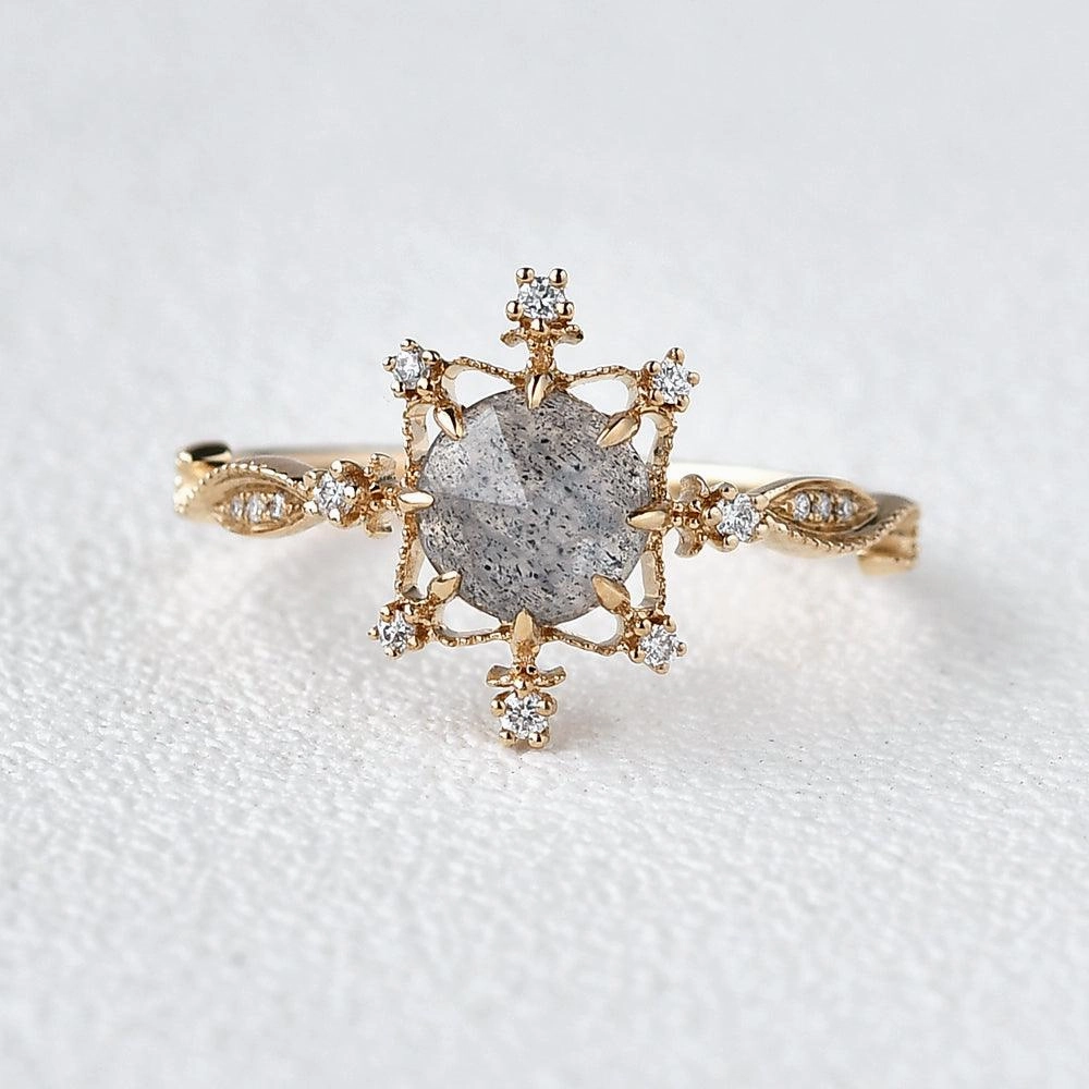 Labrodorite & Moissanite Yellow Gold Stacking Ring Artistic Display