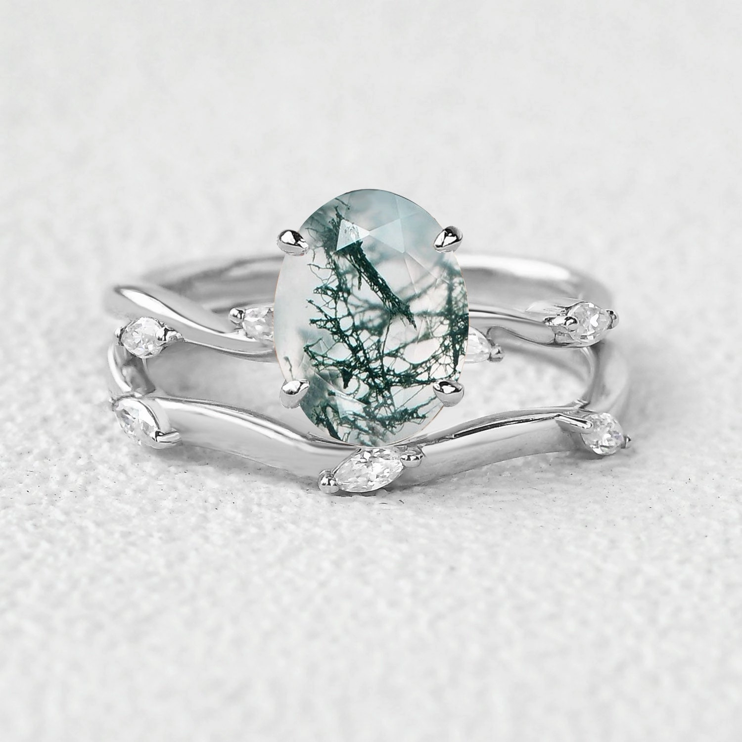 Handcrafted Style Ornate Gift Leaf Marquise Oval Moss Agate Engagement Ring Sets 2pcs