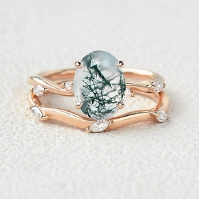 Leaf Marquise Oval Moss Agate Engagement Ring Sets 2pcs Luxury Accent Shine Bright