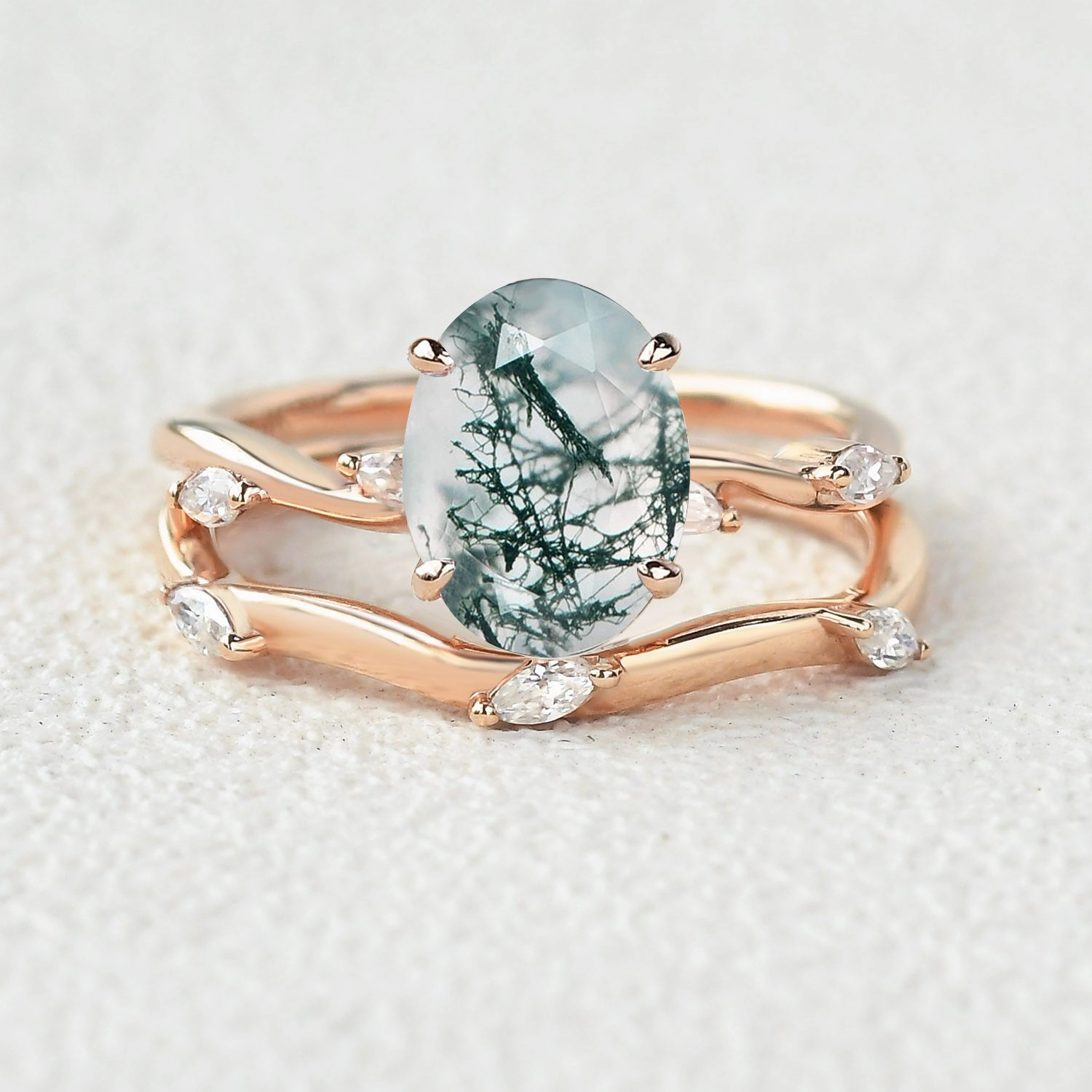 Leaf Marquise Oval Moss Agate Engagement Ring Sets 2pcs Modern Decoration Strong Ornament