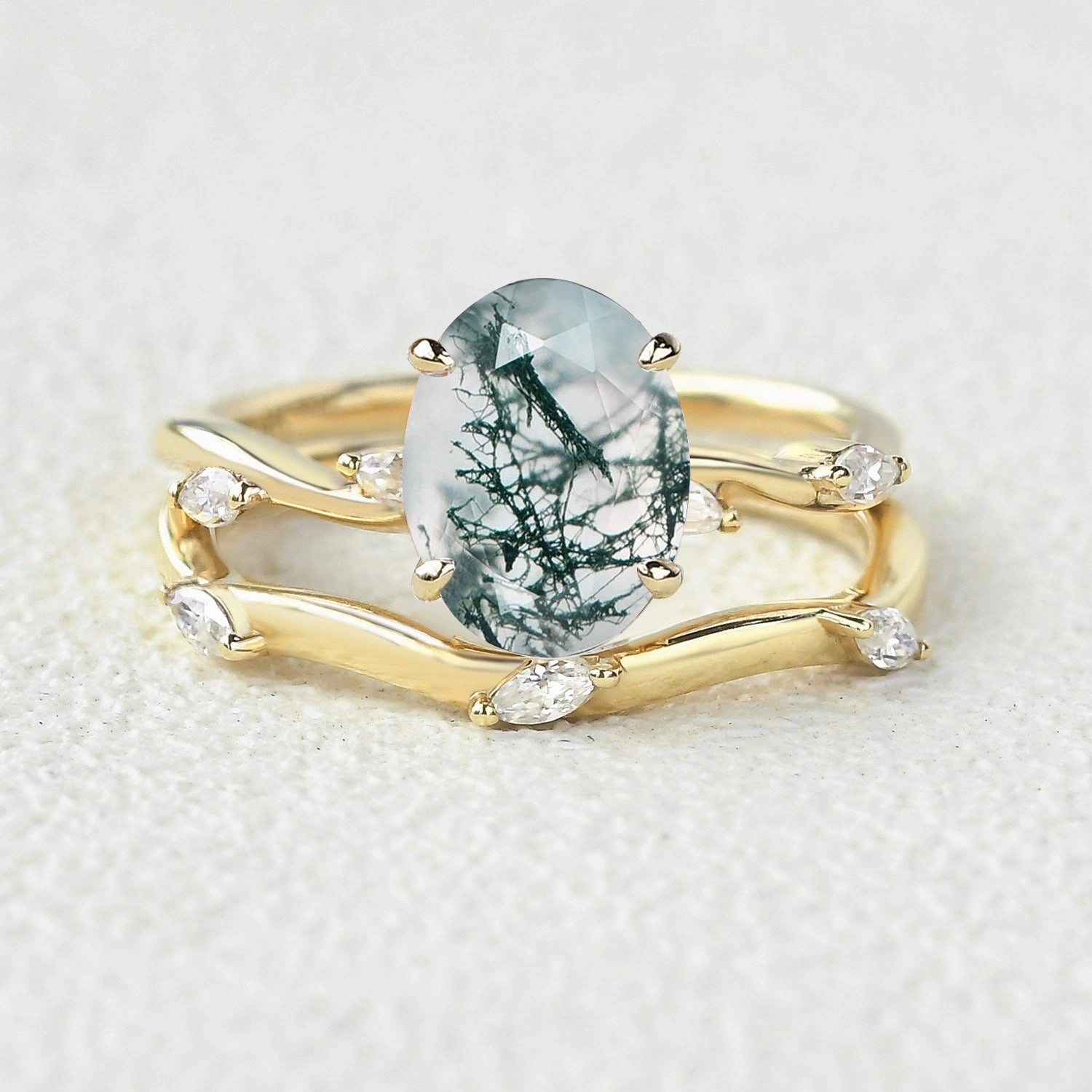 Refined Accent Leaf Marquise Oval Moss Agate Engagement Ring Sets 2pcs