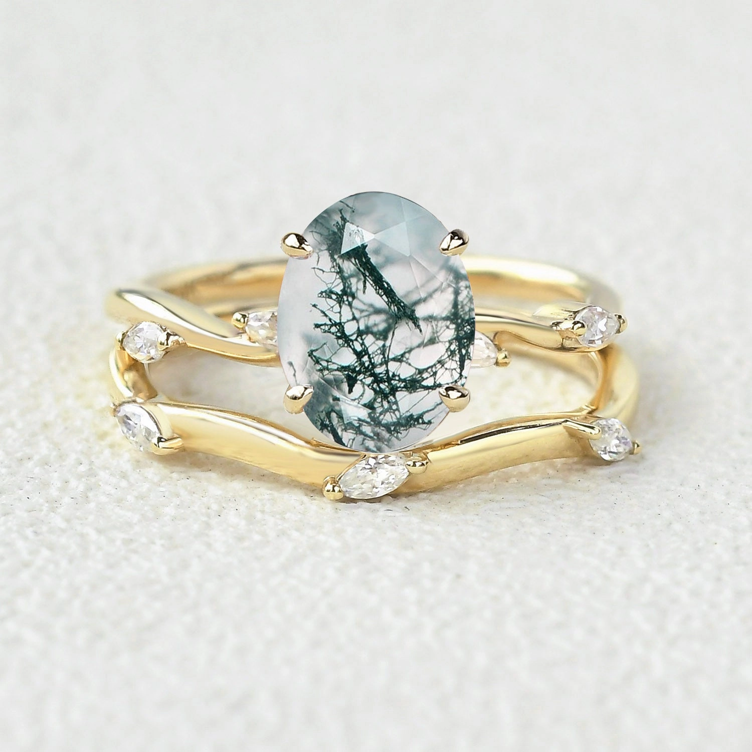 Leaf Marquise Oval Moss Agate Engagement Ring Sets 2pcs Cherished Accent Emotional Significance