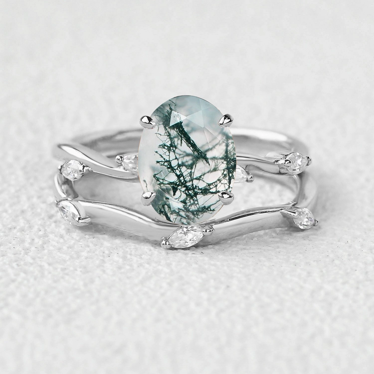 Leaf Marquise Oval Moss Agate Engagement Ring Sets 2pcs Romantic Design