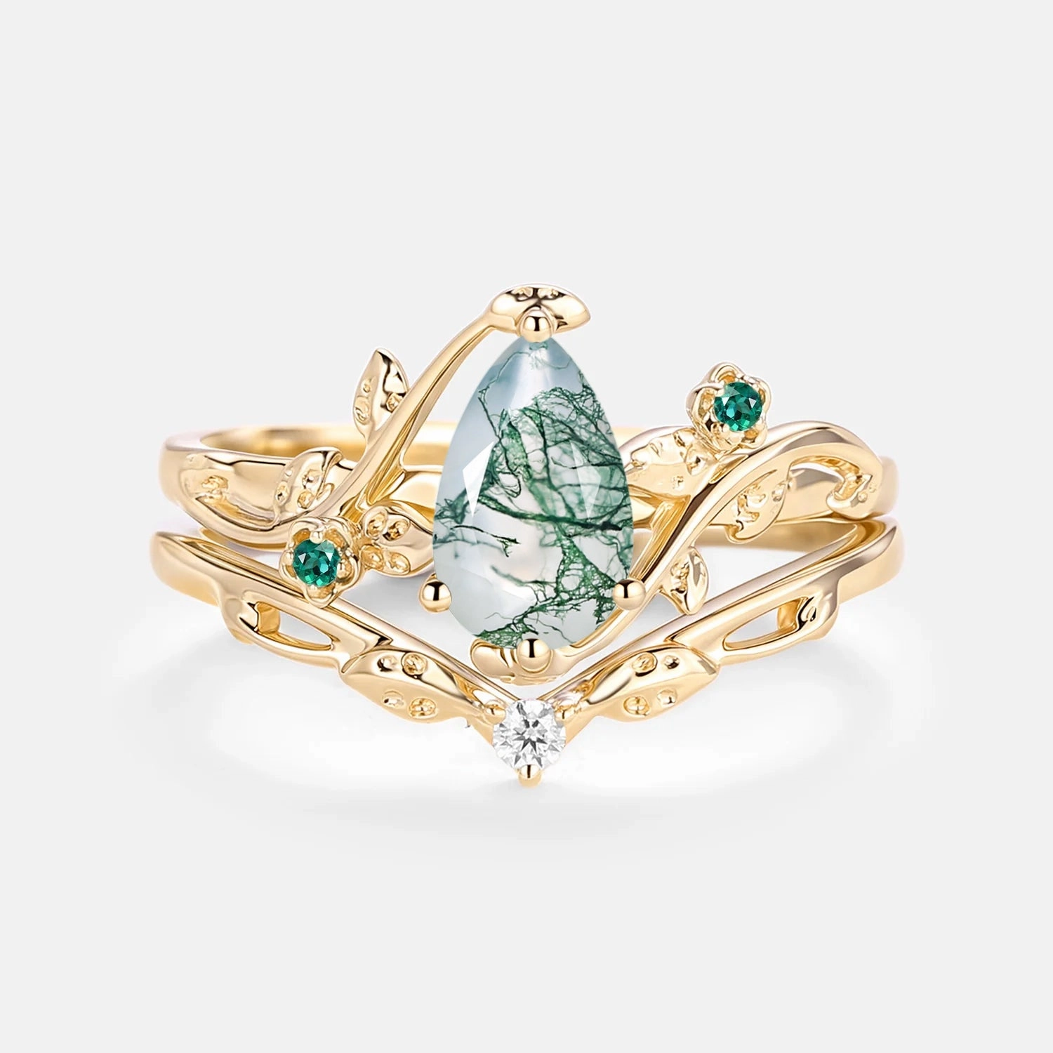 Special Appearance Chic Moment Leafy & Floral Pear Shaped Moss Agate Engagement Ring Sets 2pcs - Floret