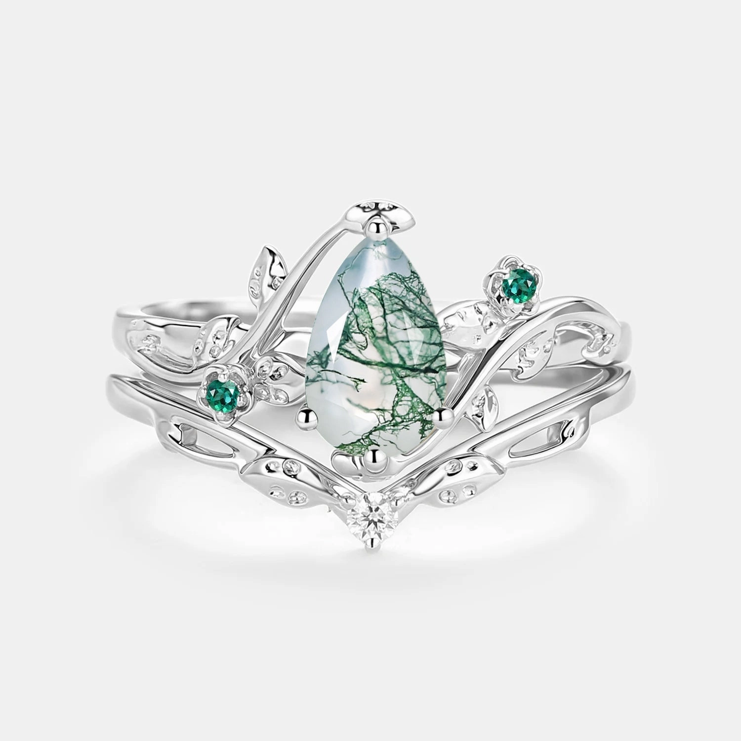 Daily Gift Leafy & Floral Pear Shaped Moss Agate Engagement Ring Sets 2pcs - Floret