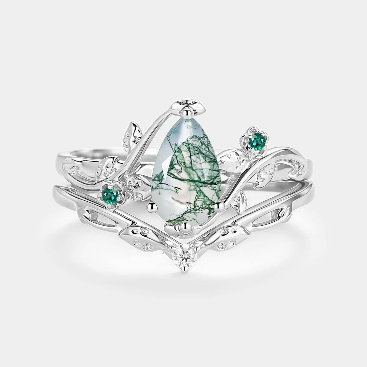 Leafy & Floral Pear Shaped Moss Agate Engagement Ring Sets 2pcs - Floret Affordable Embellishment Casual accessory