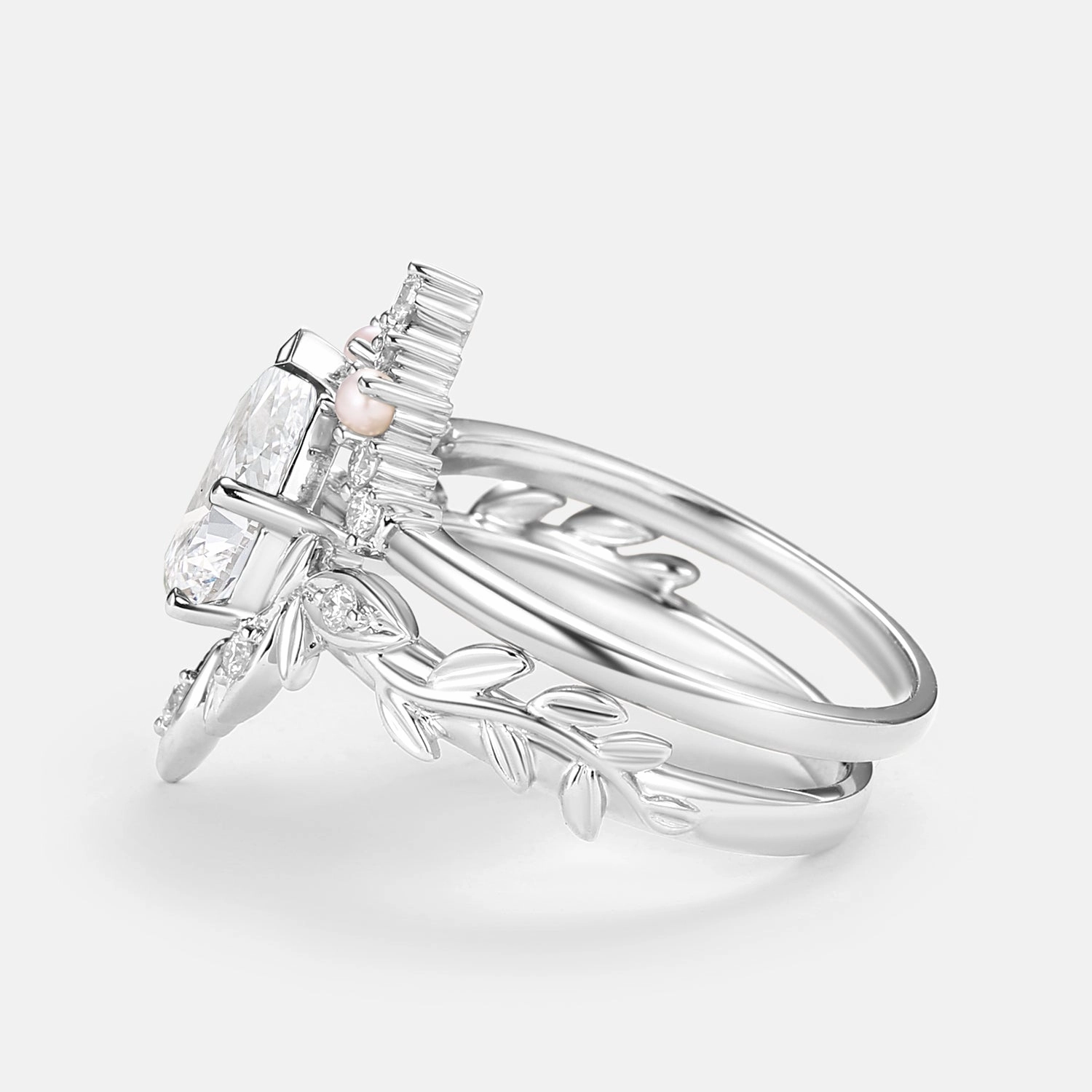 Leafy Cut Pear Lab Grown Diamond & Pearl Ring Set 2pcs Lightweight Item On Trend