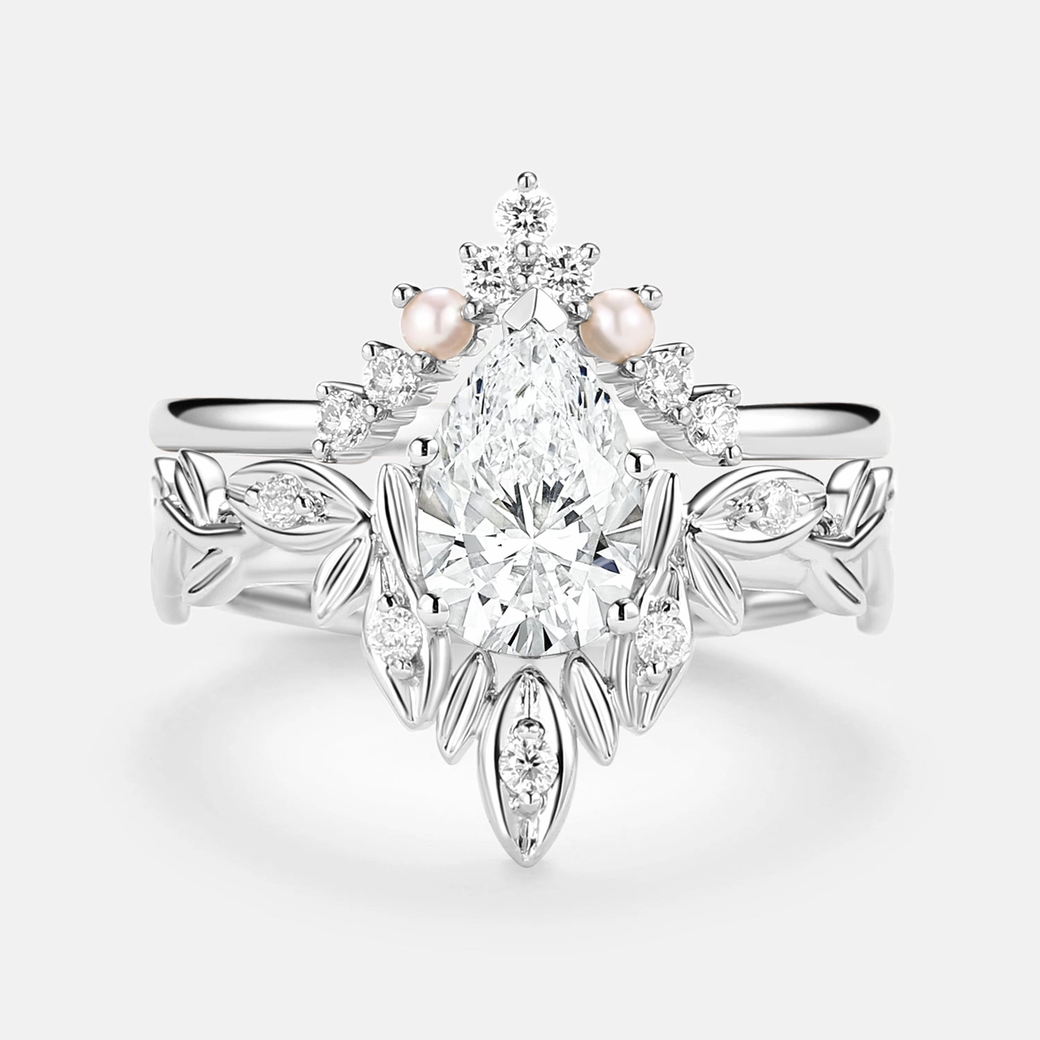Leafy Cut Pear Lab Grown Diamond & Pearl Ring Set 2pcs Fashion Pick