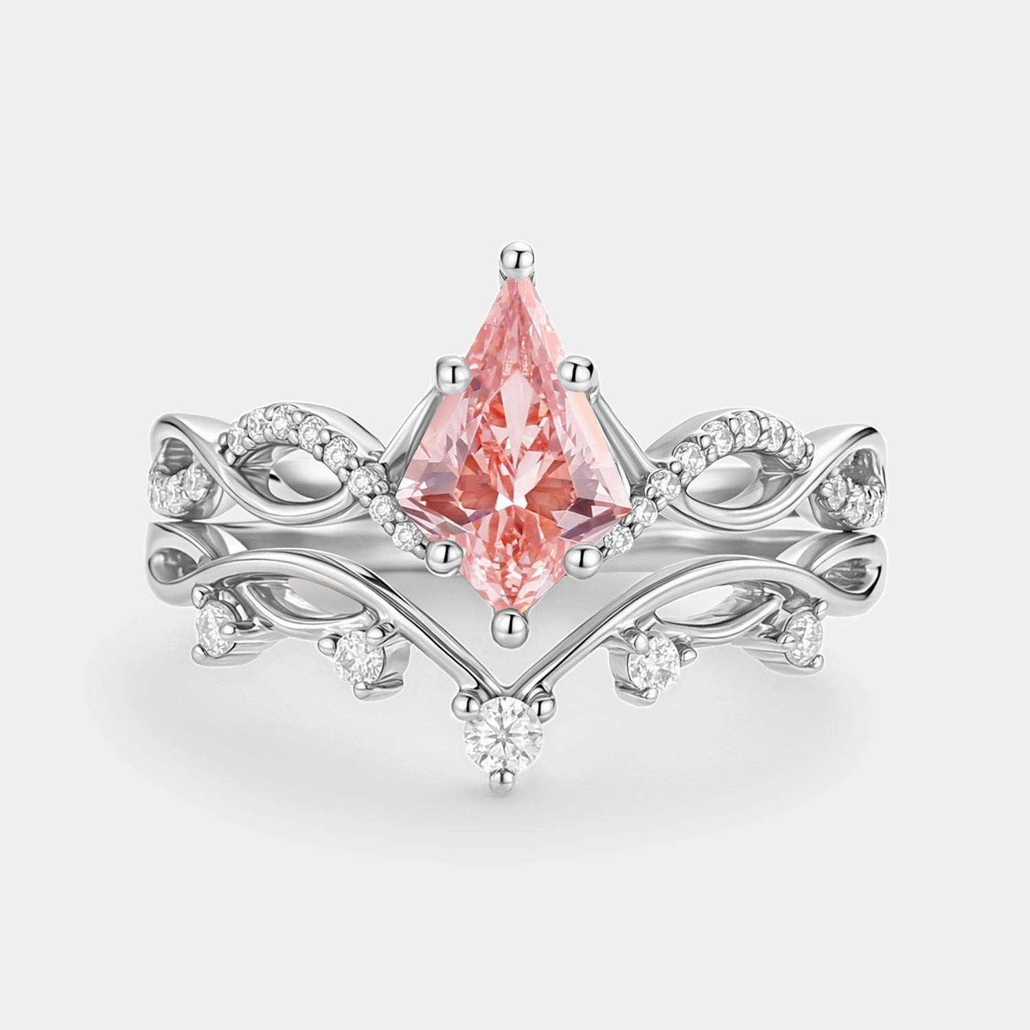 Minimalist Craft Polished Finish Leafy Kite Pink Lab Grown Diamond Ring Set 2pcs - Phyllon