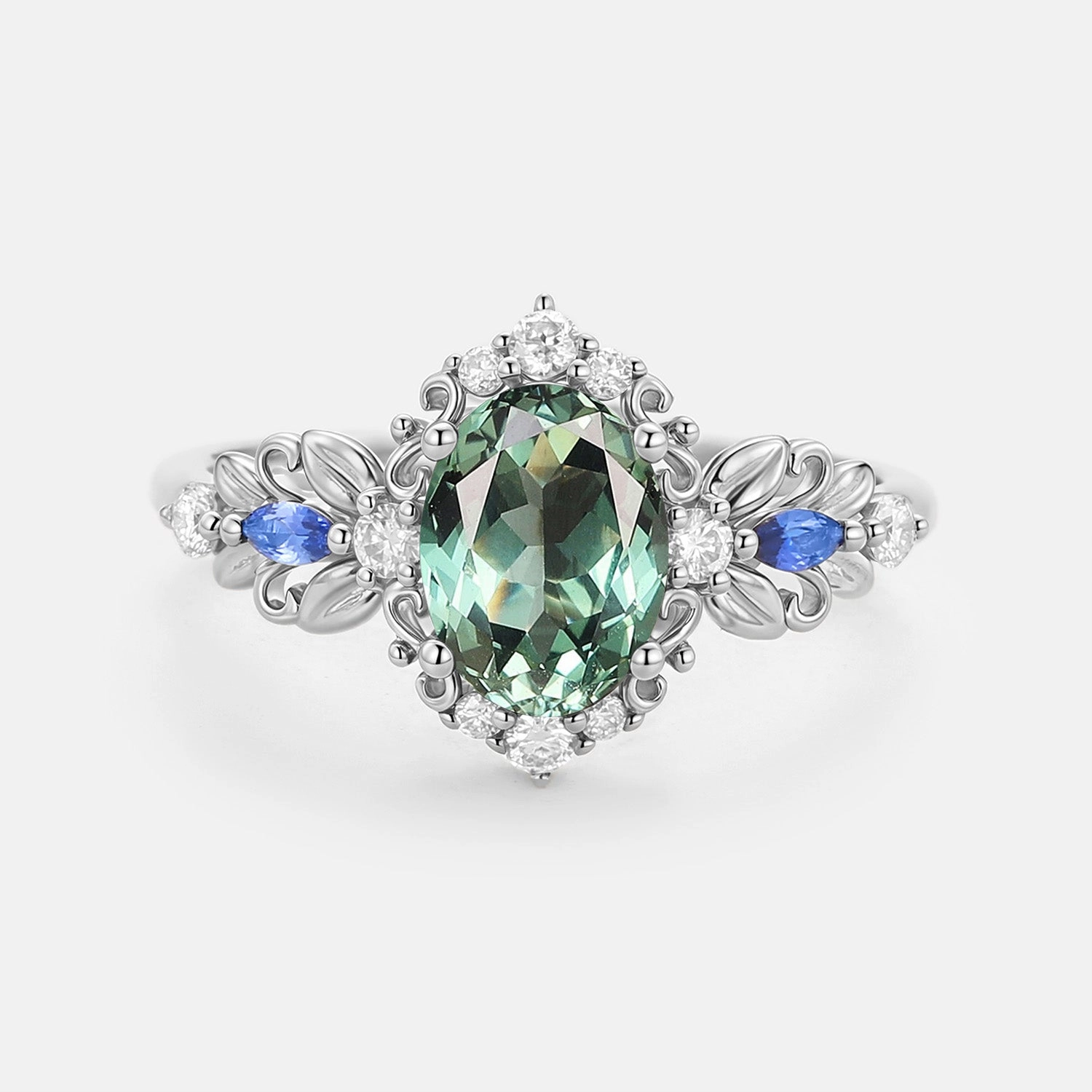 Balanced Harmony Leafy Oval Cut Lab Green Sapphire Engagement Ring - Viriditas