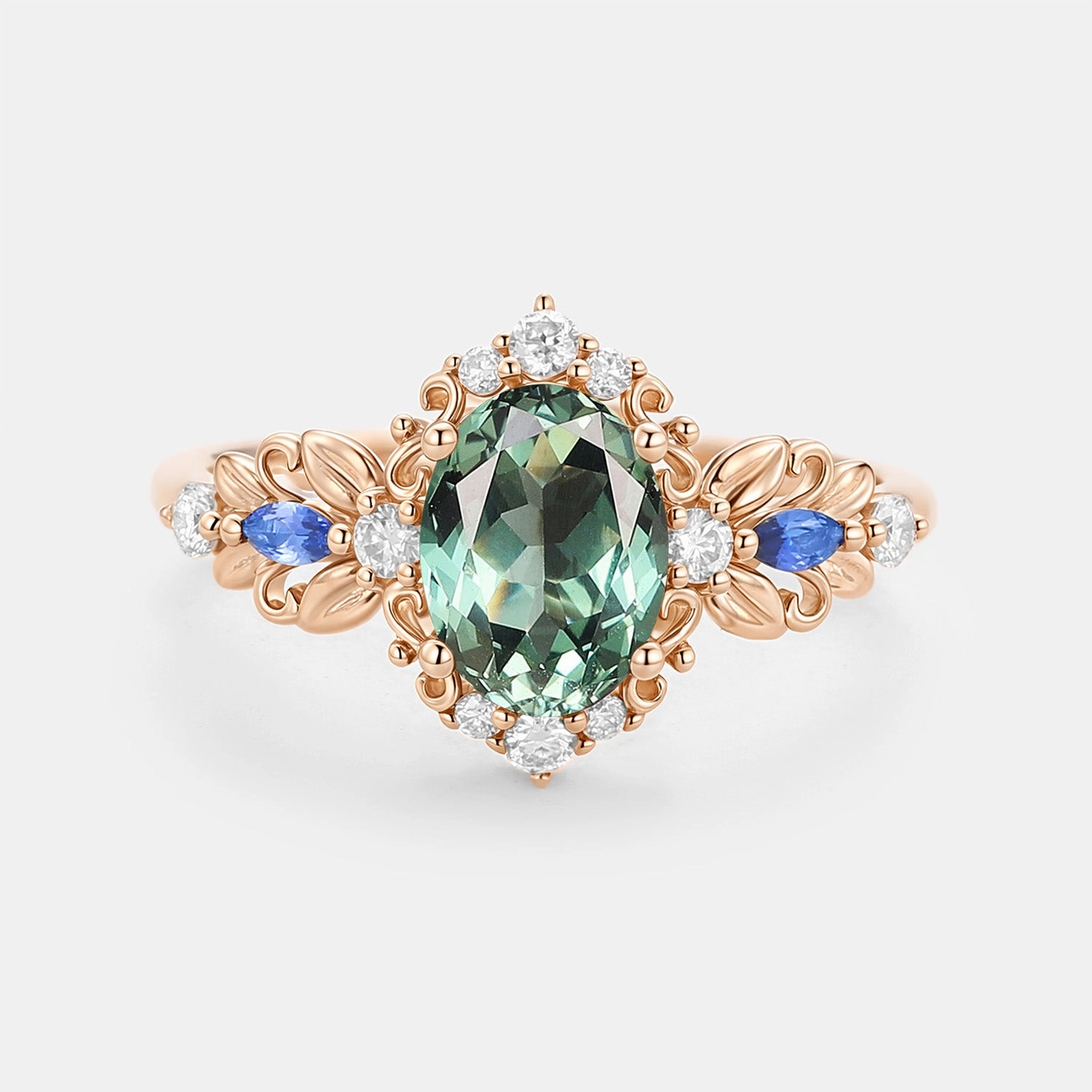 Leafy Oval Cut Lab Green Sapphire Engagement Ring - Viriditas Luxury Design Finishing Accent