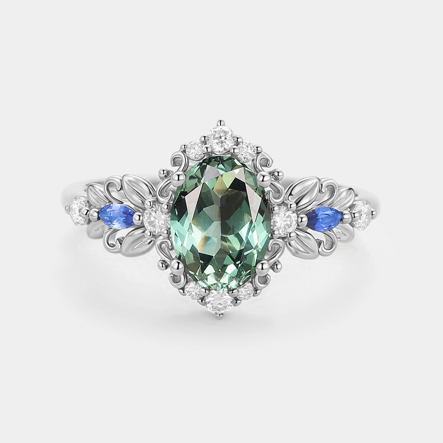 Cozy Look Bridesmaid Gift Leafy Oval Cut Lab Green Sapphire Engagement Ring - Viriditas