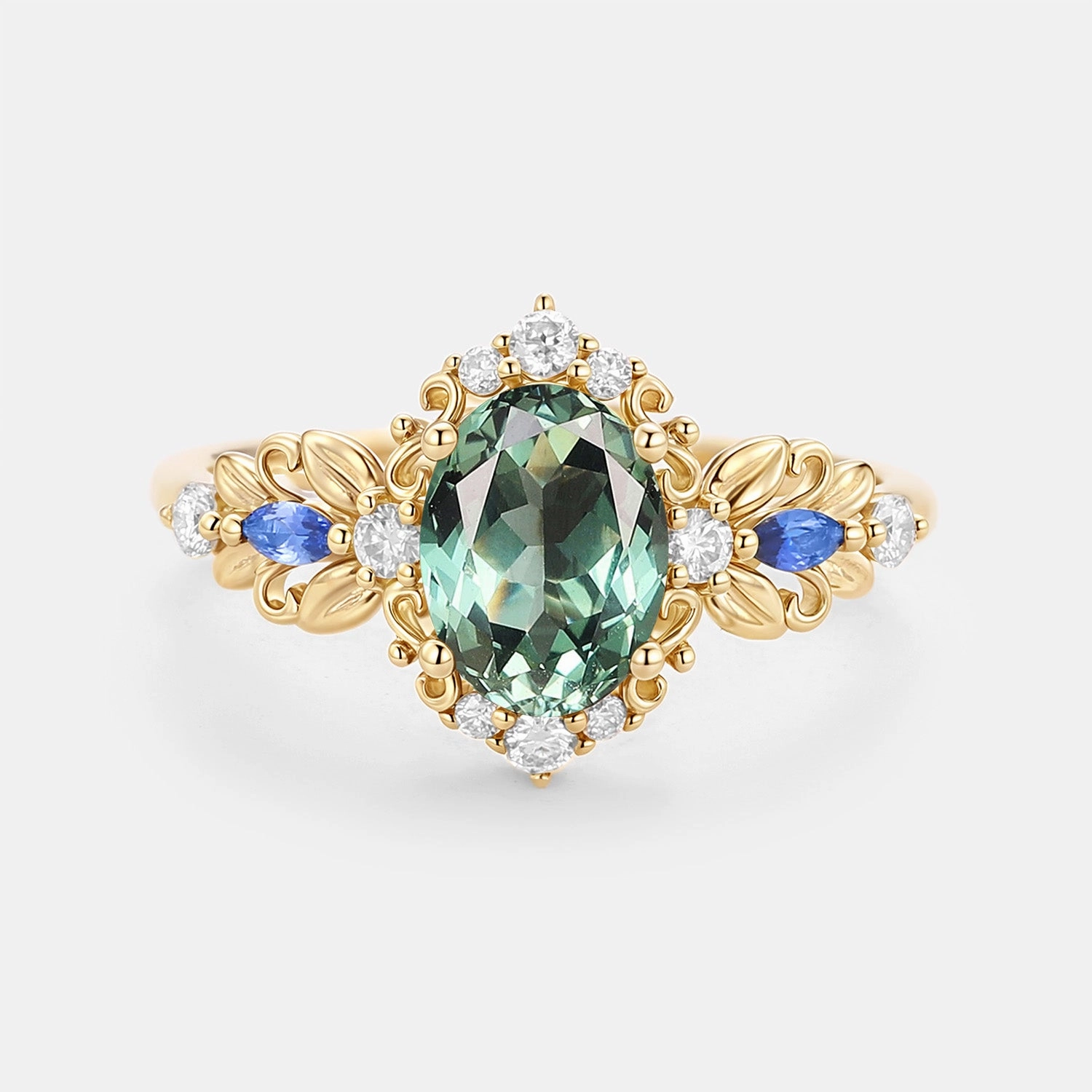 High Shine Leafy Oval Cut Lab Green Sapphire Engagement Ring - Viriditas