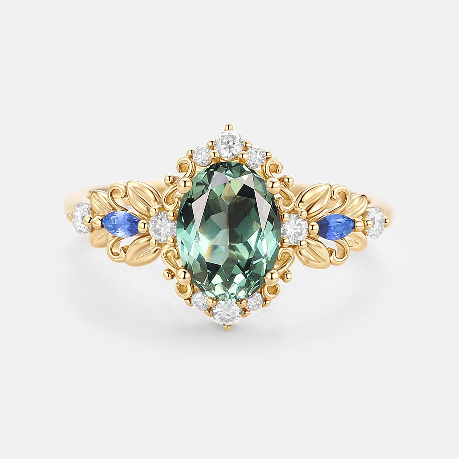 Leafy Oval Cut Lab Green Sapphire Engagement Ring - Viriditas Fine Details