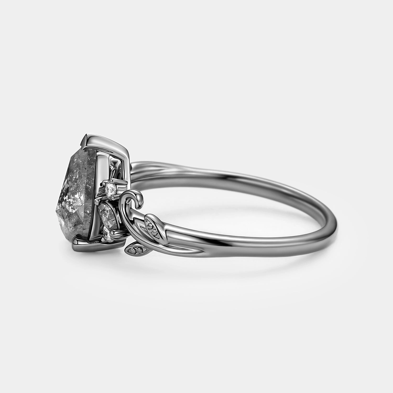 Crisp Lines Leafy Salt and Pepper Diamonds Pear Cut Engagement Ring - Pyrrhus