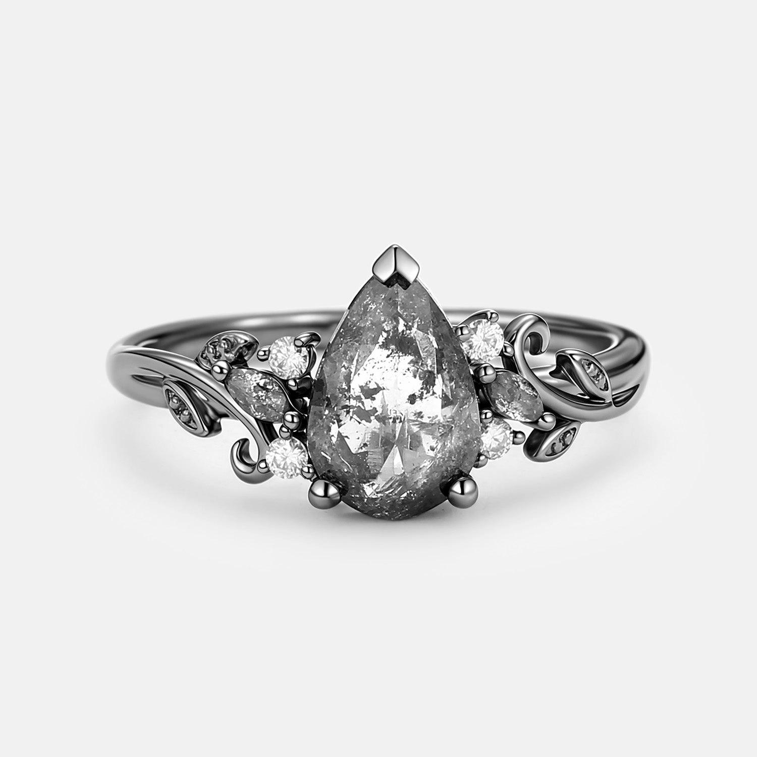Leafy Salt and Pepper Diamonds Pear Cut Engagement Ring - Pyrrhus Urban Mood Gleaming Edge