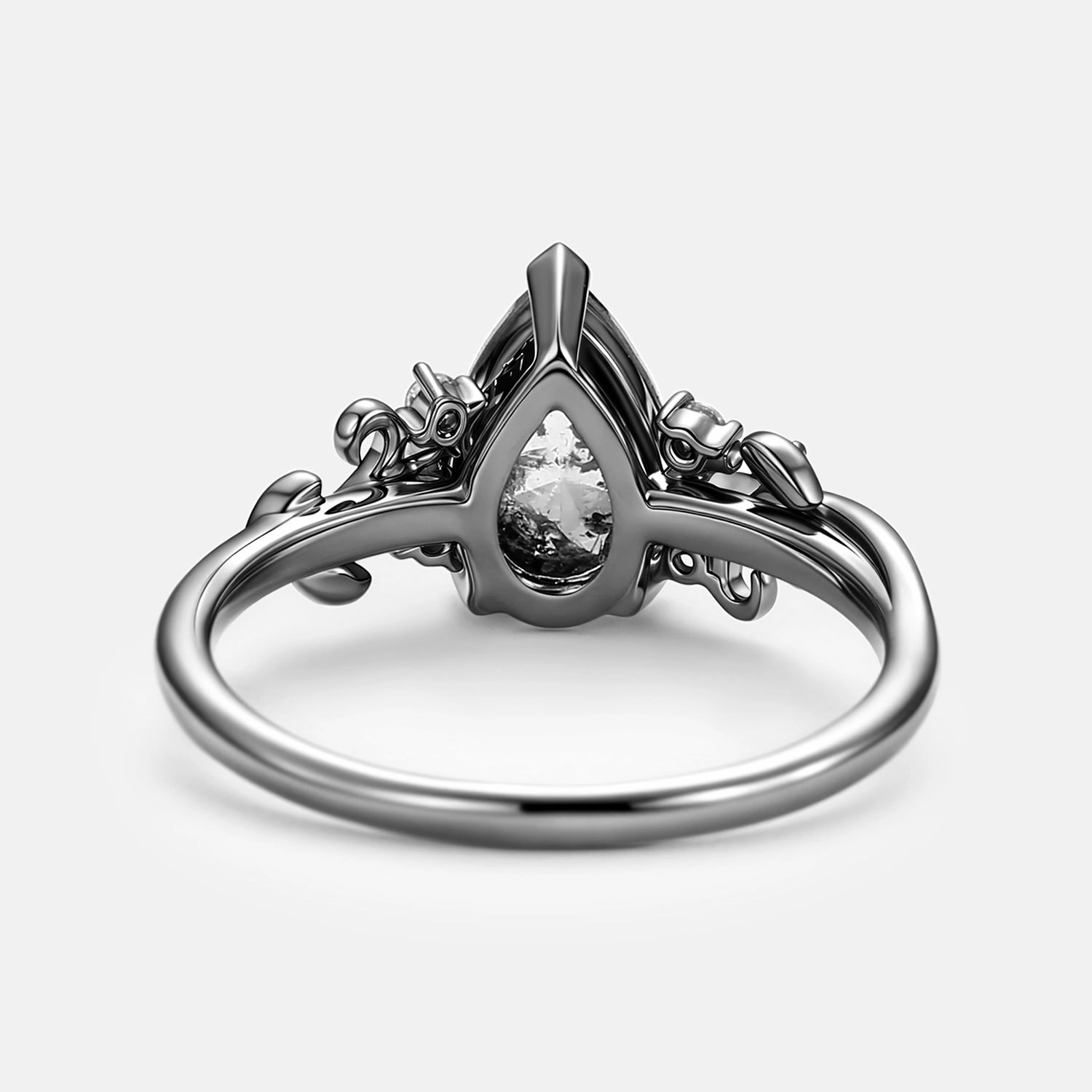 Leafy Salt and Pepper Diamonds Pear Cut Engagement Ring - Pyrrhus Sparkling Piece Texture Highlight