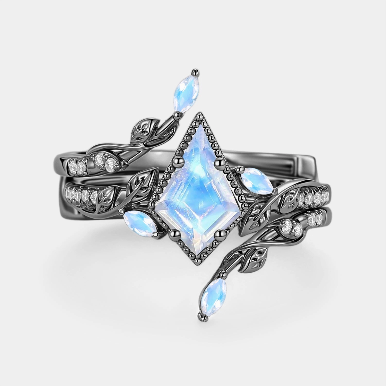 Leafy Vintage Kite Cut Moonstone Cage Engagement Ring Set 2pcs - Breeze Delicate Adornment Artisan Decoration