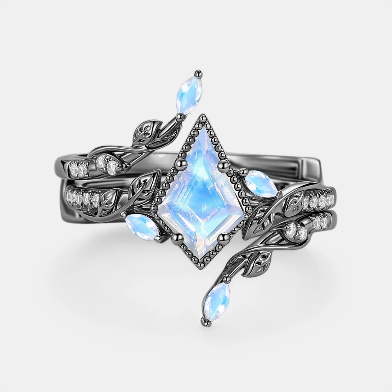 Leafy Vintage Kite Cut Moonstone Cage Engagement Ring Set 2pcs - Breeze store brand