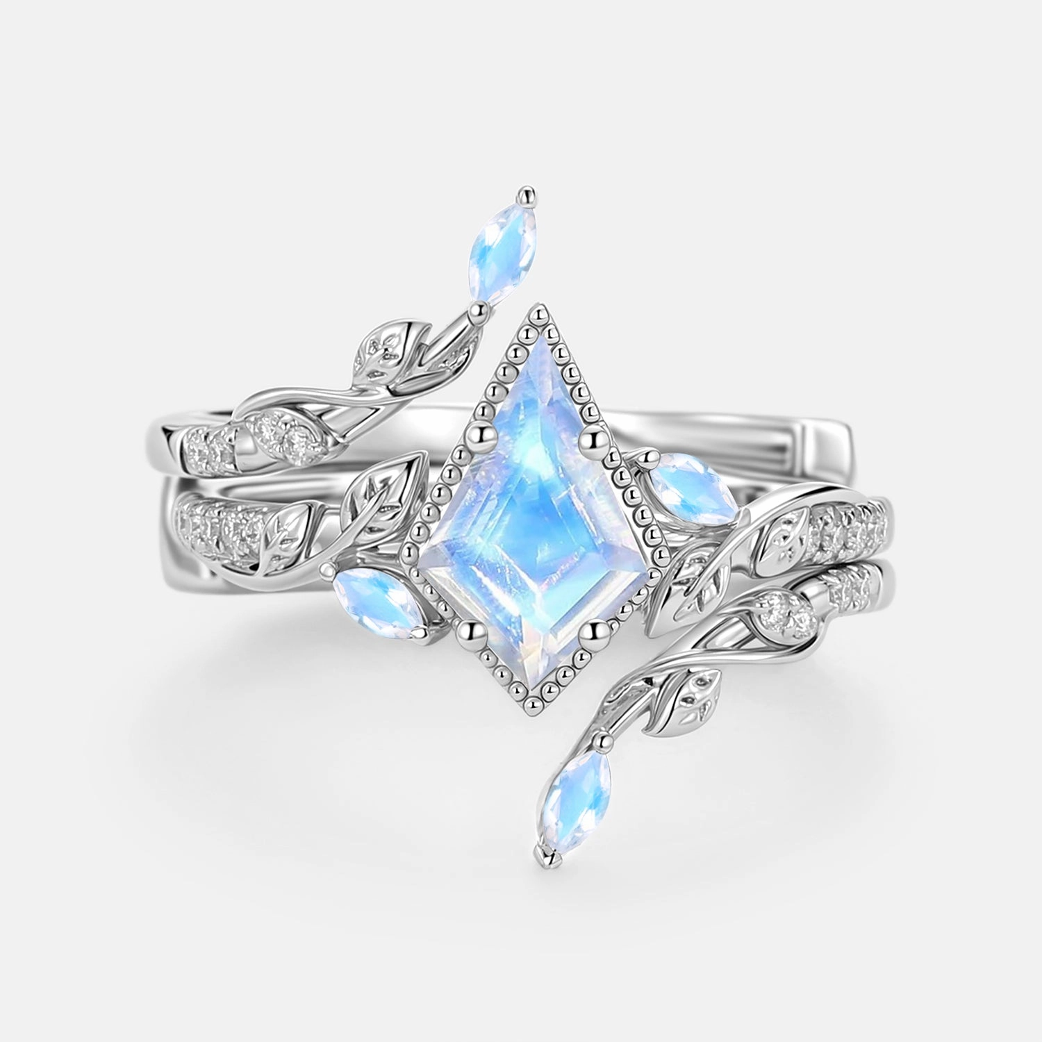 Comfortable Look Leafy Vintage Kite Cut Moonstone Cage Engagement Ring Set 2pcs - Breeze