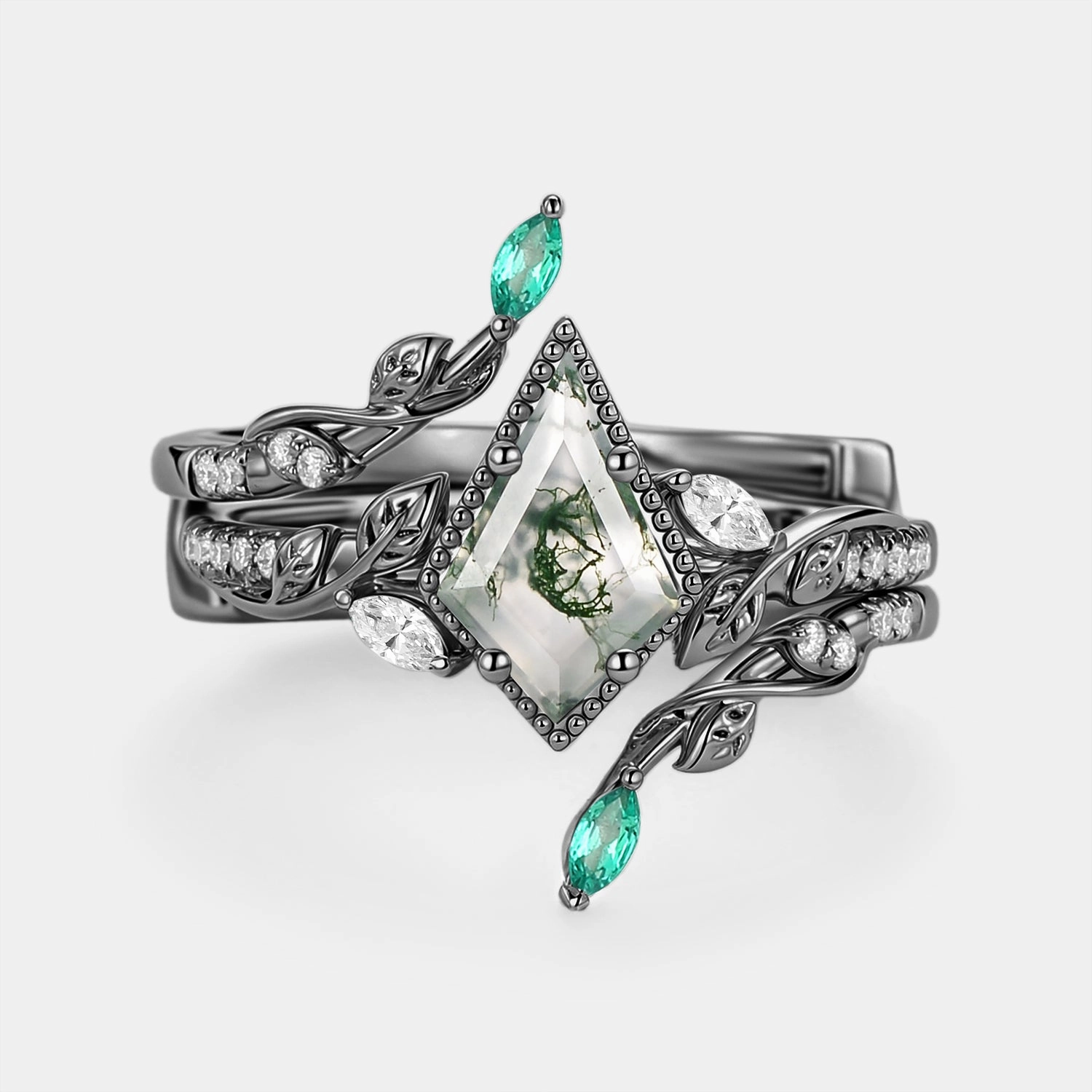 Break Resistant Timeless Shine Leafy Vintage Kite Cut Moss Agate Cage Engagement Ring Set 2pcs - Breeze