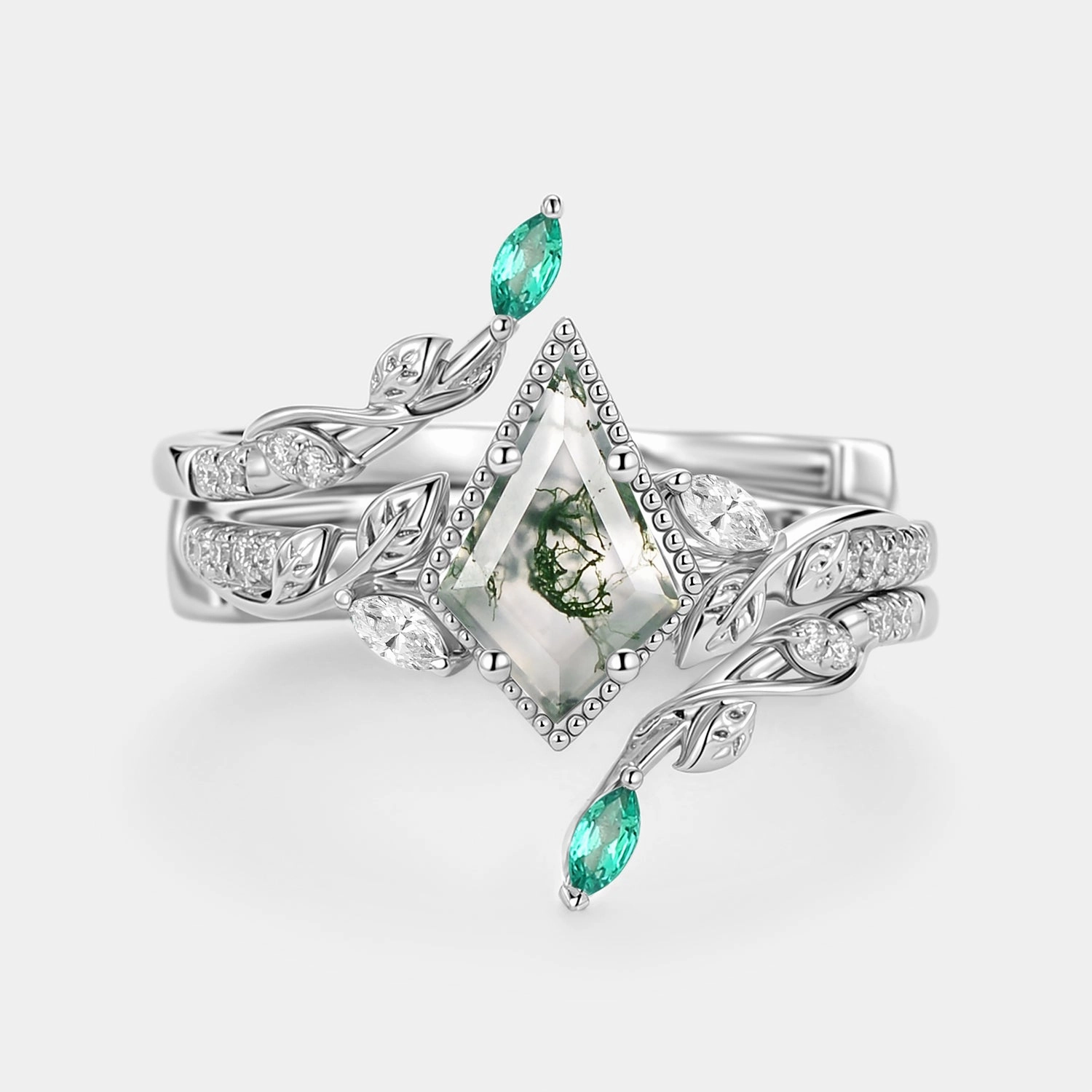 Leafy Vintage Kite Cut Moss Agate Cage Engagement Ring Set 2pcs - Breeze Glow Mood