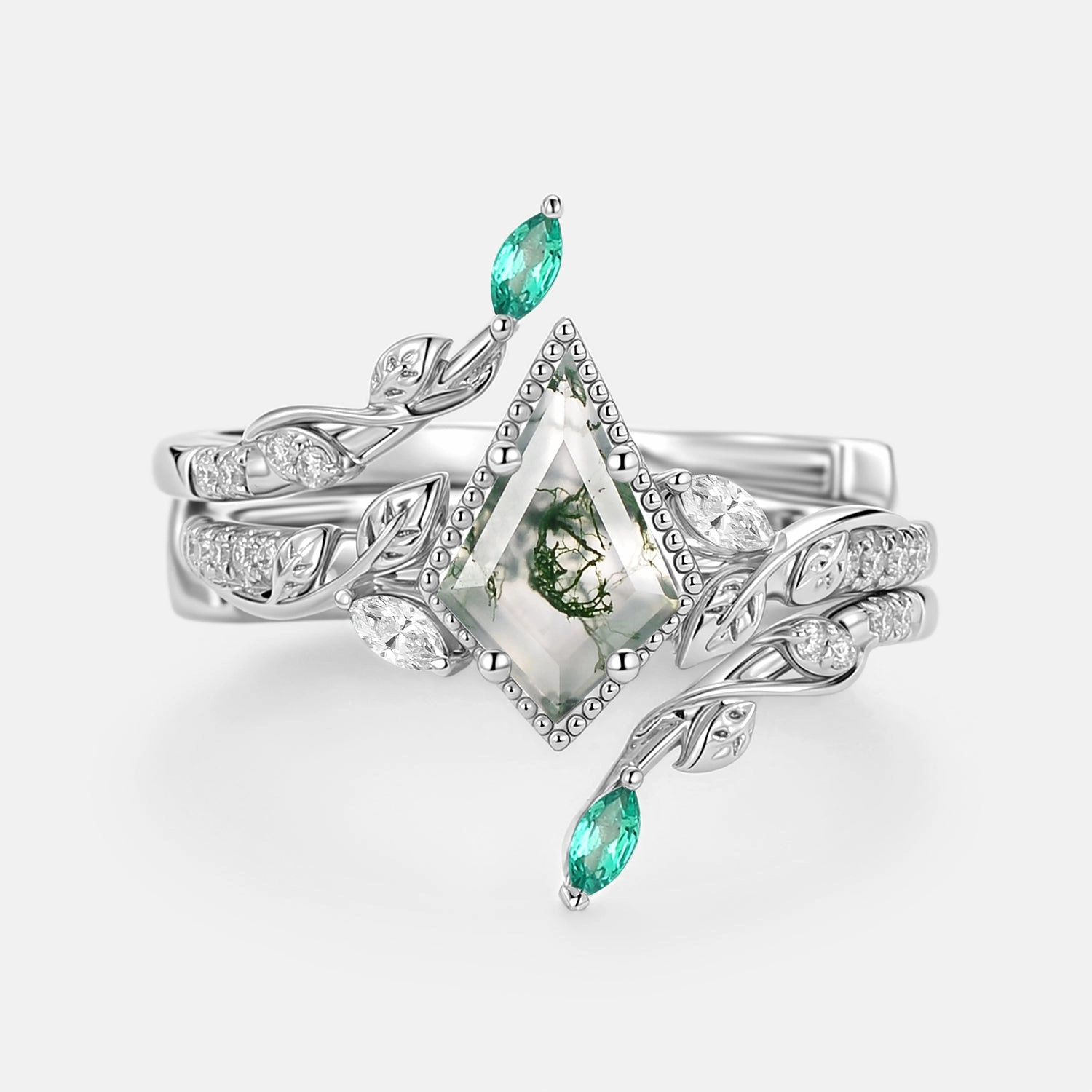 Leafy Vintage Kite Cut Moss Agate Cage Engagement Ring Set 2pcs - Breeze Daily Details