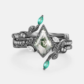 Leafy Vintage Kite Cut Moss Agate Cage Engagement Ring Set 2pcs - Breeze Crystal Clear Daily Classic