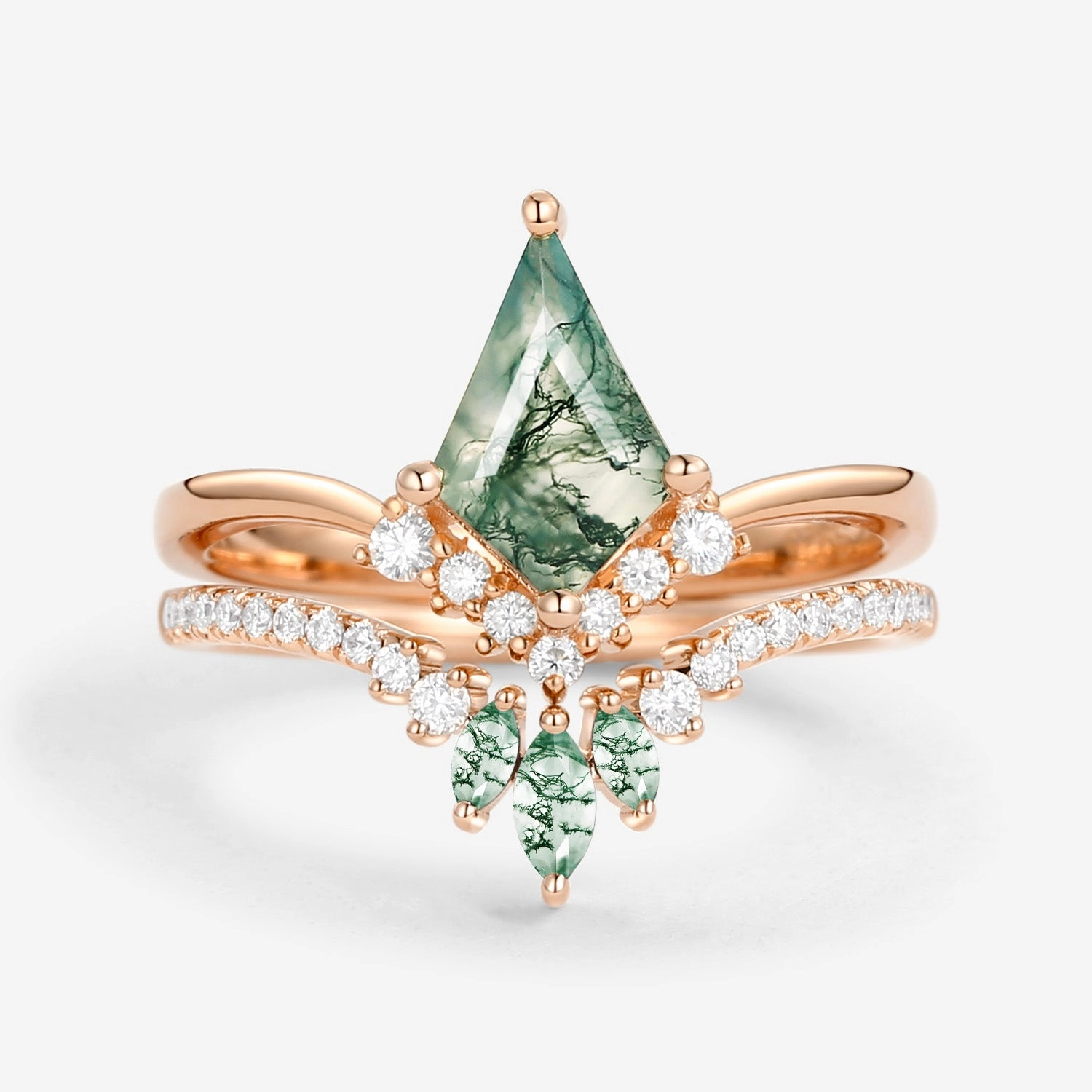 Value Style Budget Friendly Kite Cut Moss Agate Classic Engagement Bridal Set 2pcs - Aero
