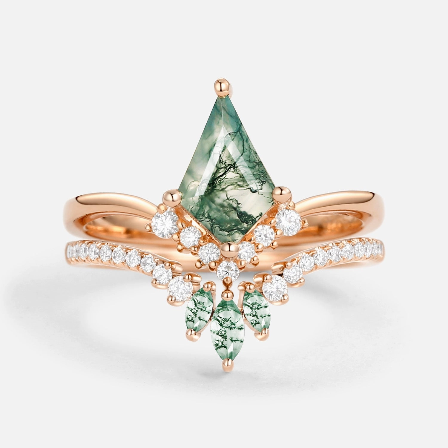 Kite Cut Moss Agate Classic Engagement Bridal Set 2pcs - Aero Exclusive Glam Autumn Glow