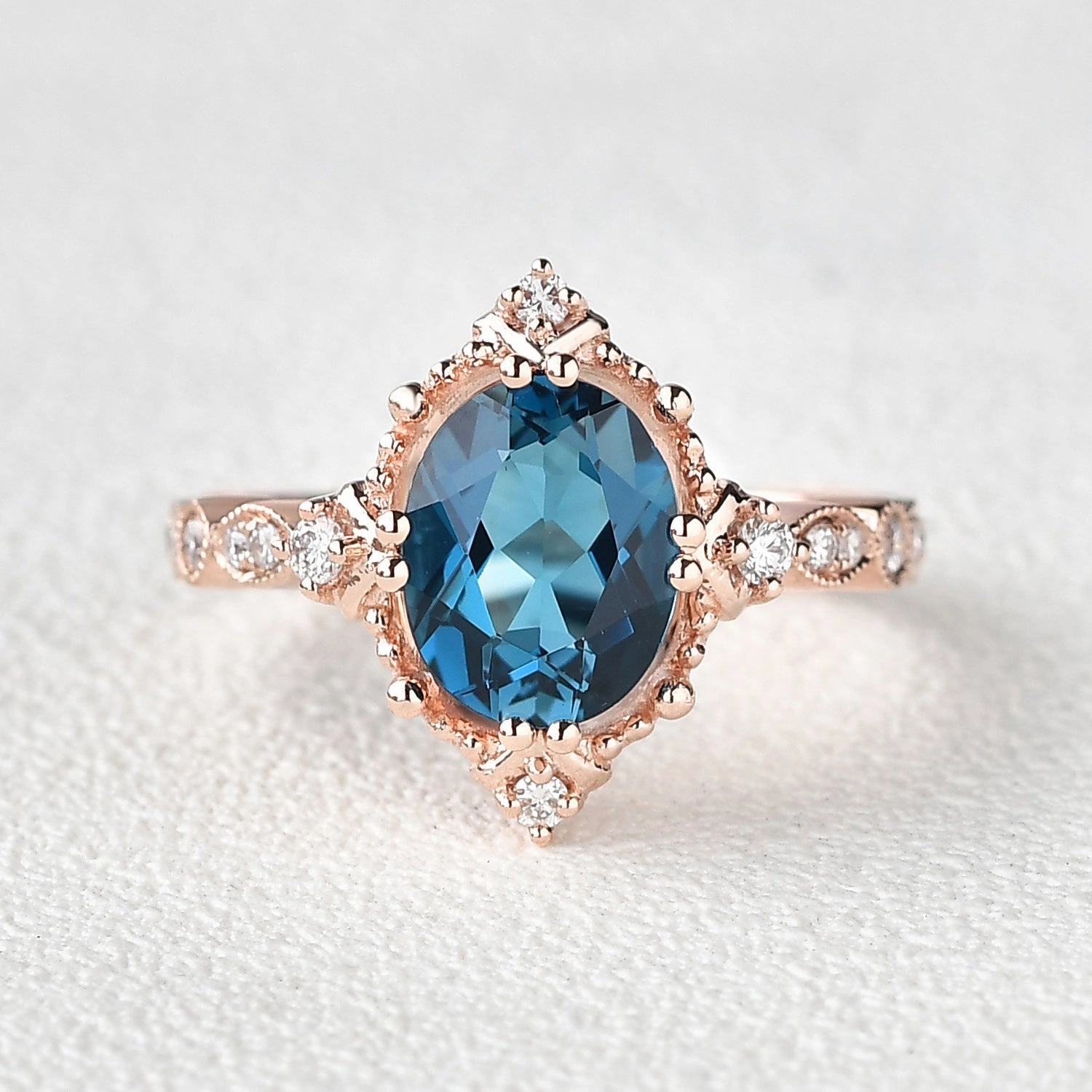 London Blue Topaz & Moissanite Art Deco Ring Classic Statement