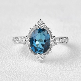 London Blue Topaz & Moissanite Art Deco Ring Classic Charm Comfortable Art
