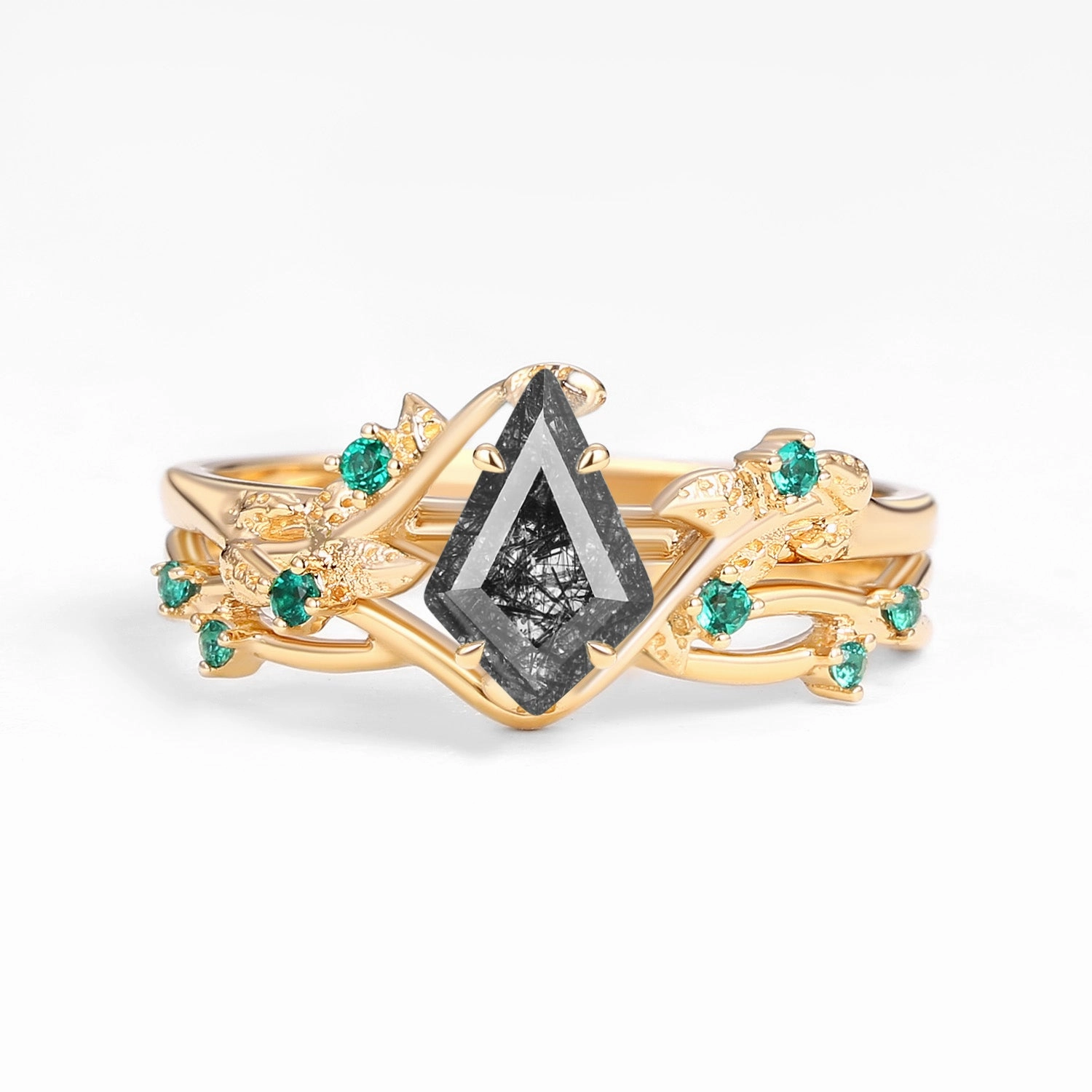 High-End Expression Nature Inspired - Kite Shaped Black Rutilated Quartz Leafy Ring Set 2pcs - Mossy