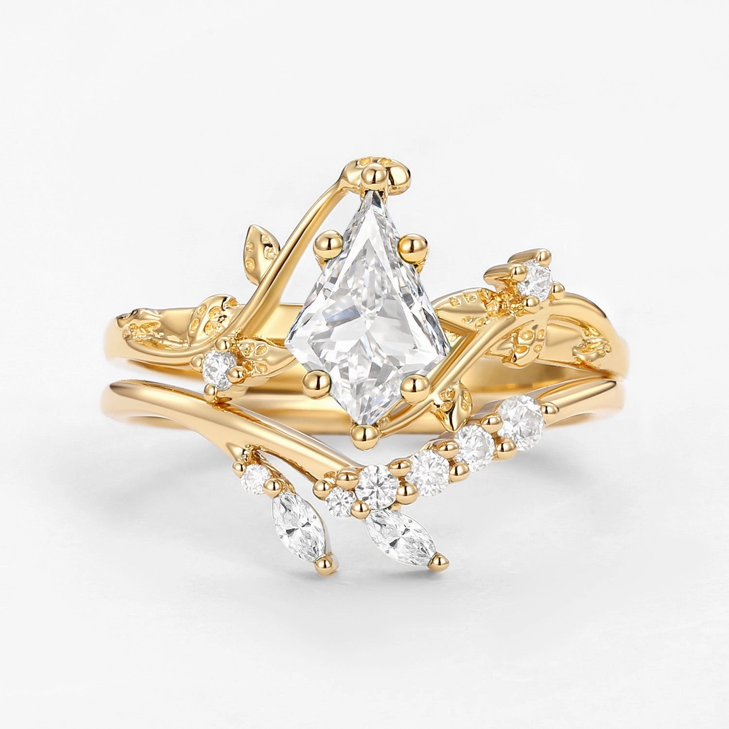 Unique Kite Lab Grown Diamond Leafy Vine Ring Set 2pcs Strong Appearance Bold Emblem