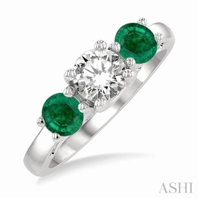 4.65 MM Round Shape Emerald and 3/4 Ctw Past, Present and Future Round Cut Diamond Precious Ring in 14K White Gold Event Present Delicate Work