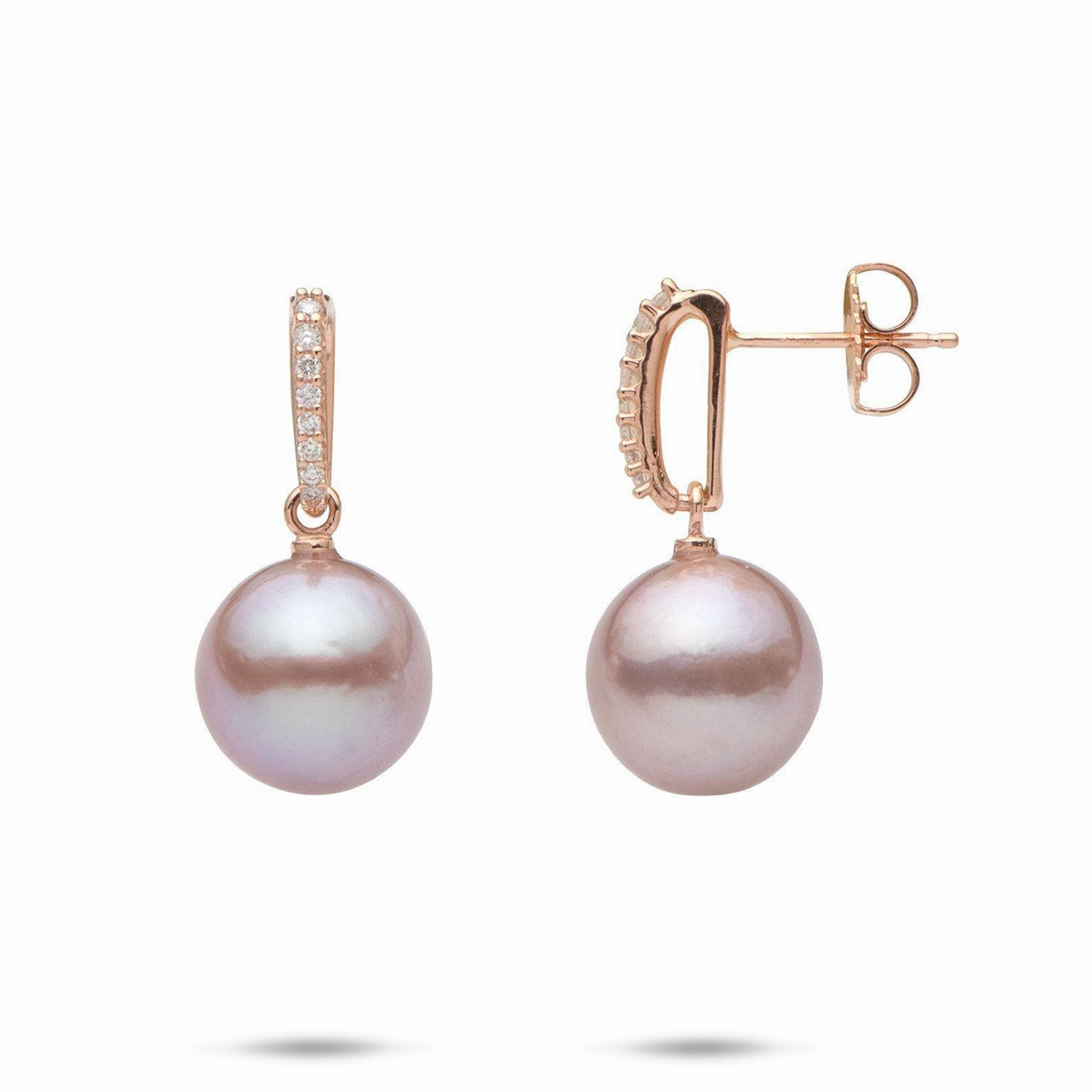 Lilac Freshwater Pearl Earrings in Rose Gold with Diamonds - 11-12mm Dainty Touch Romantic Glow