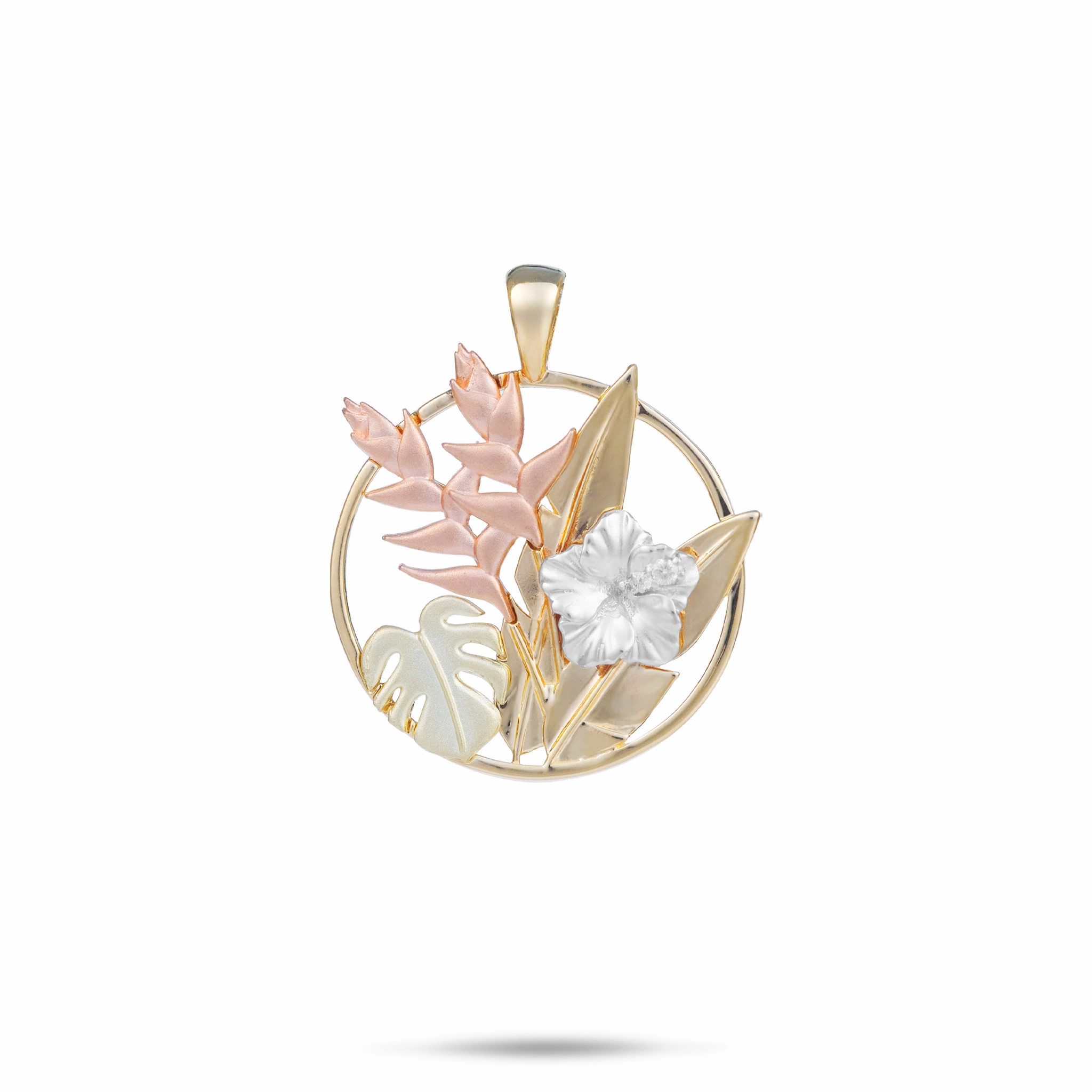 Hawaiian Gardens Hibiscus Pendant in Four Tone Gold with Diamonds - 20mm Graceful Mood Elite Finish