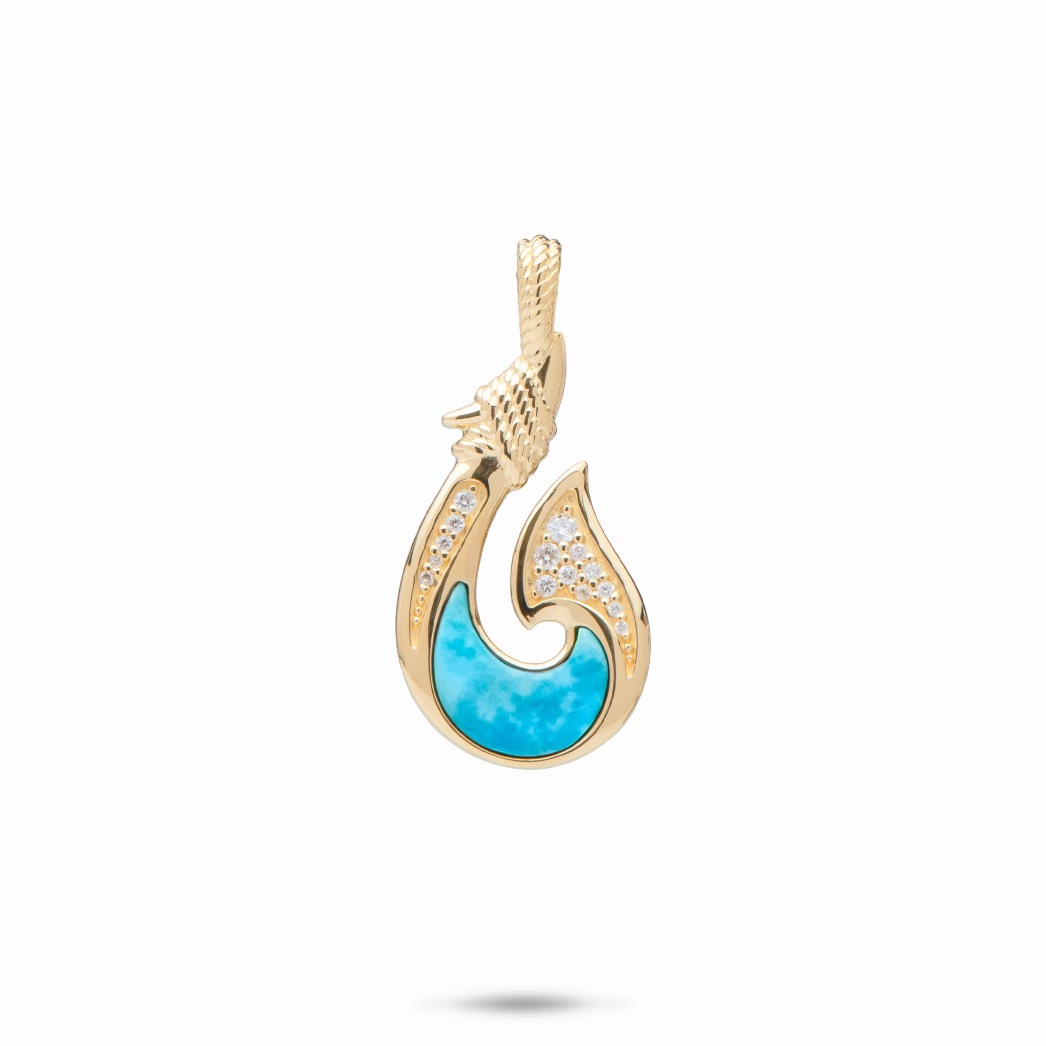 Sealife Fish Hook Turquoise Pendant in Gold with Diamonds - 27mm Day Accent Elegant Piece