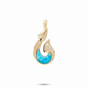 Layer Friendly Sealife Fish Hook Turquoise Pendant in Gold with Diamonds - 27mm