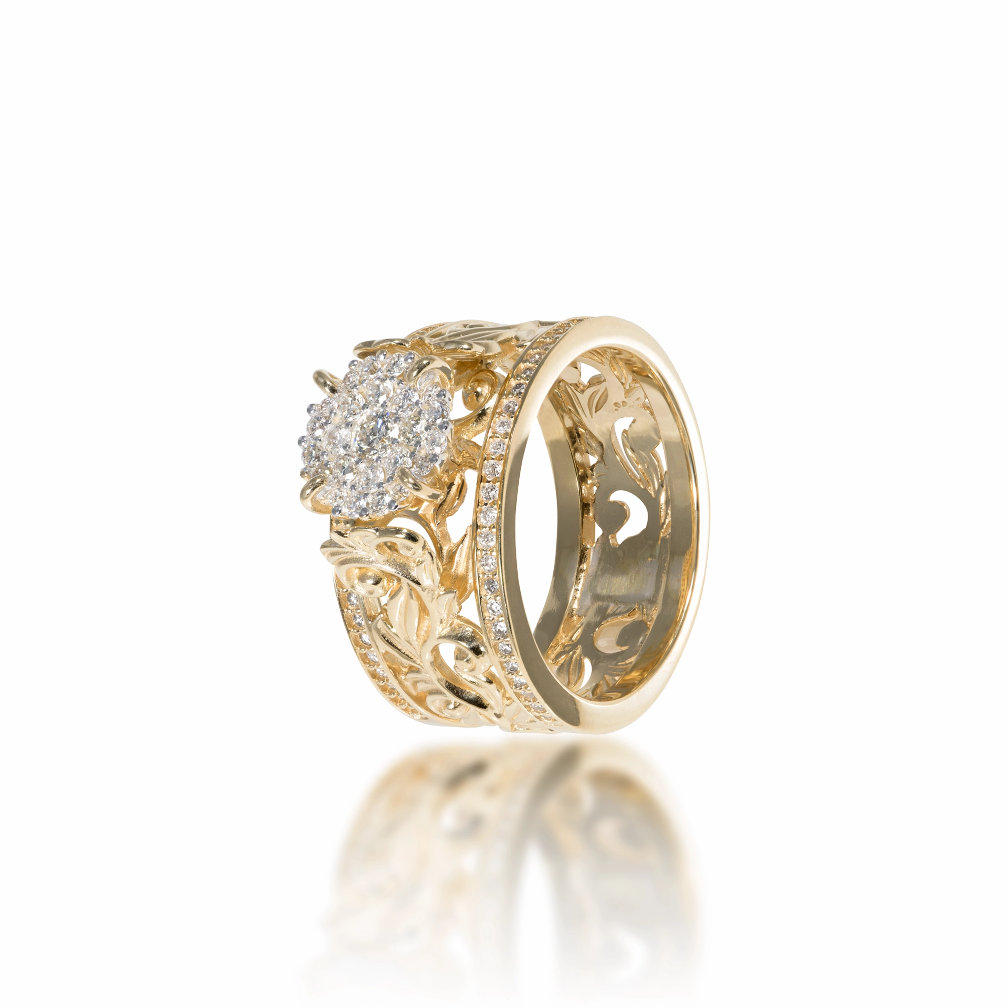 Living Heirloom Engagement Ring in Gold with Diamonds - 10mm Gleaming Feature Handcrafted Design