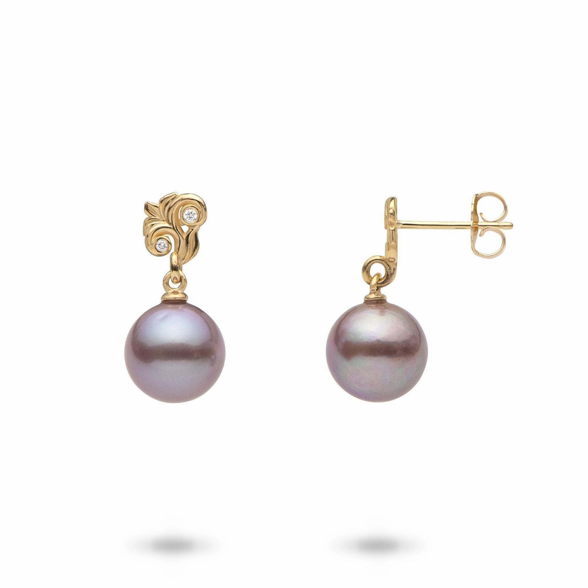 Living Heirloom Lilac Freshwater Pearl Earrings in Gold with Diamonds - 8mm Minimal Feature