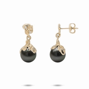 Floral Mood Personalized Craft Living Heirloom Tahitian Black Pearl Earrings in Gold with Diamonds - 9-10mm